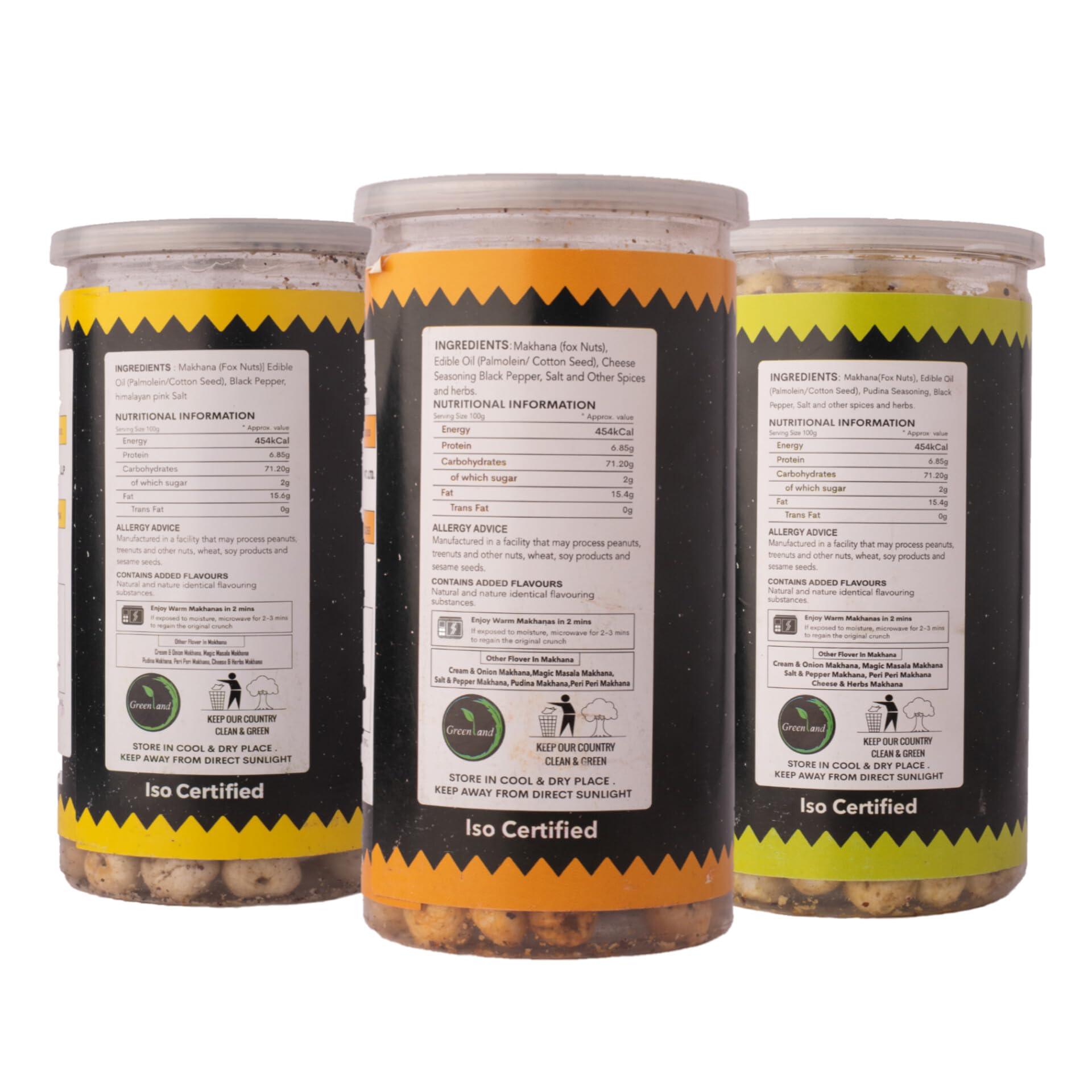 GREENLAND GREENLAND Roasted Makhana (Foxnut) (Pack of 3, 75g Each) Healthy Snacks | Gluten Free | Rich in Protein | Zero Trans Fat | Flavor: Salt & Pepper, Pudina, Cheese & Herbs