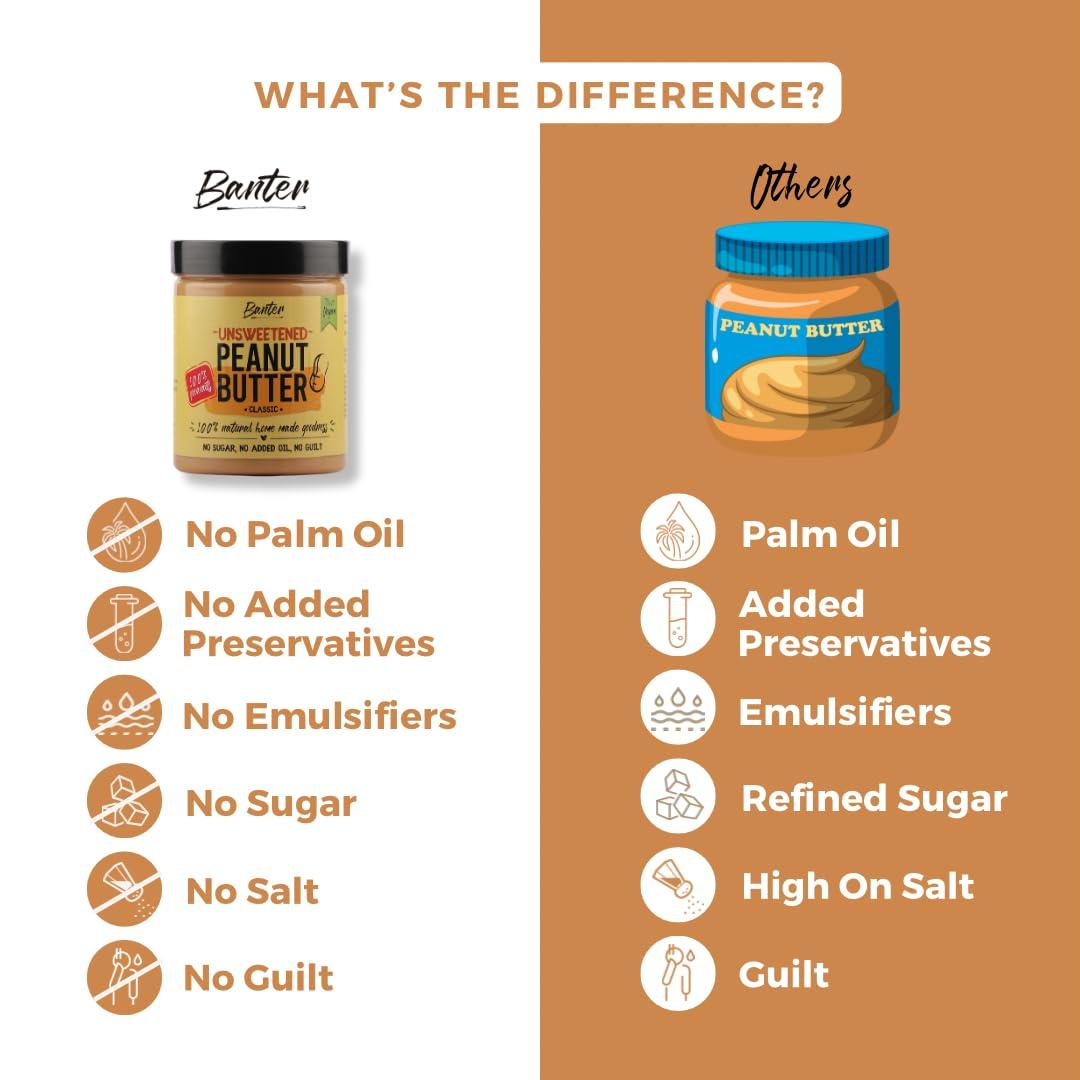 Banter Banter Homemade Goodness With Classic Peanut Butter - 100% Natural, Crunchy, Unsweetened, No Added Oil Or Sugar, Perfect For Peanut Lovers! - 230 Gram