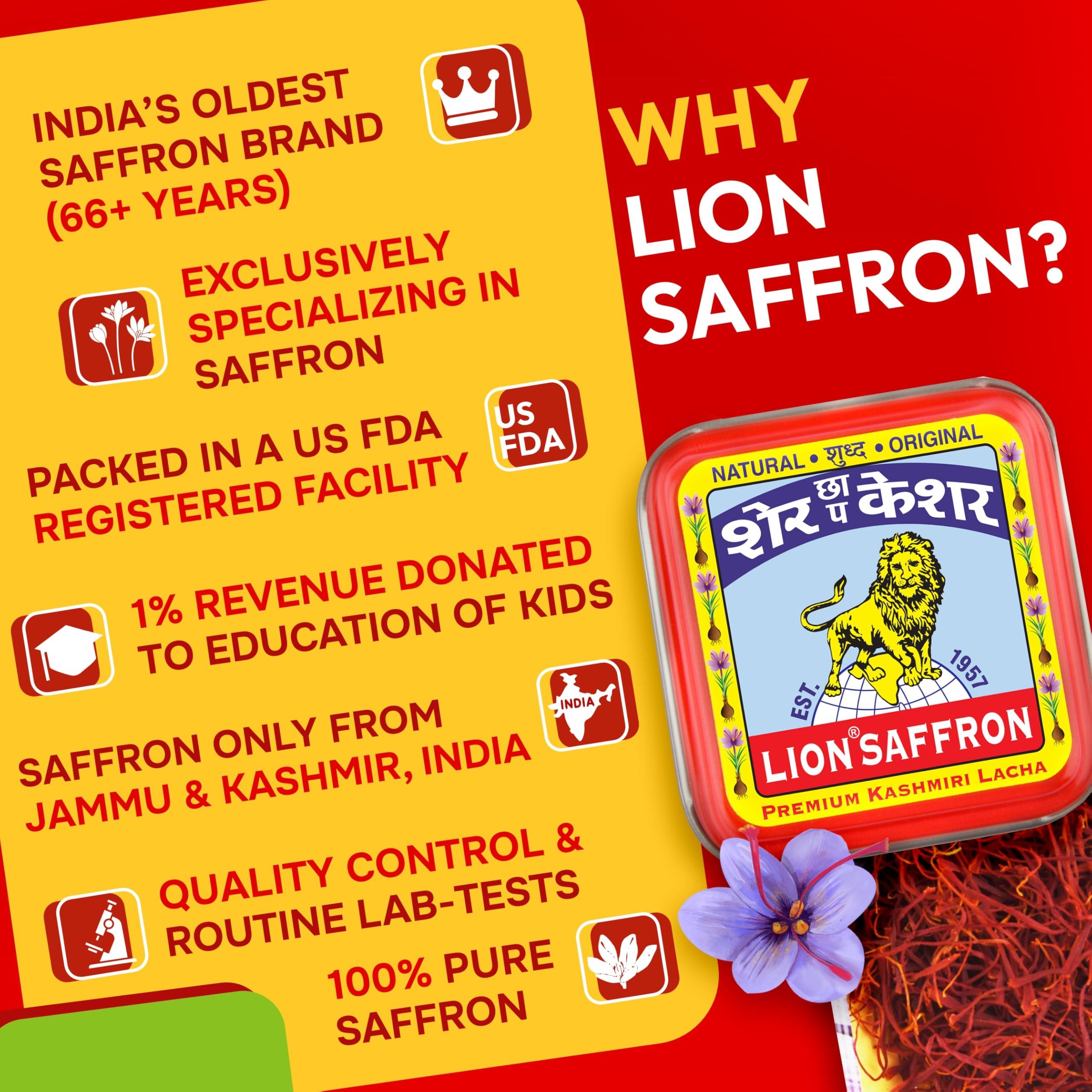 LION BRAND SAFFRON Lion Brand Saffron,2g, Original Kashmir Lacha Saffron/Kesar/Keshar (Certified Grade A) for Biryani, Beauty, Improved Health and Tilak (VALUE PACK OF 2gm (2X1gram = 2grams))