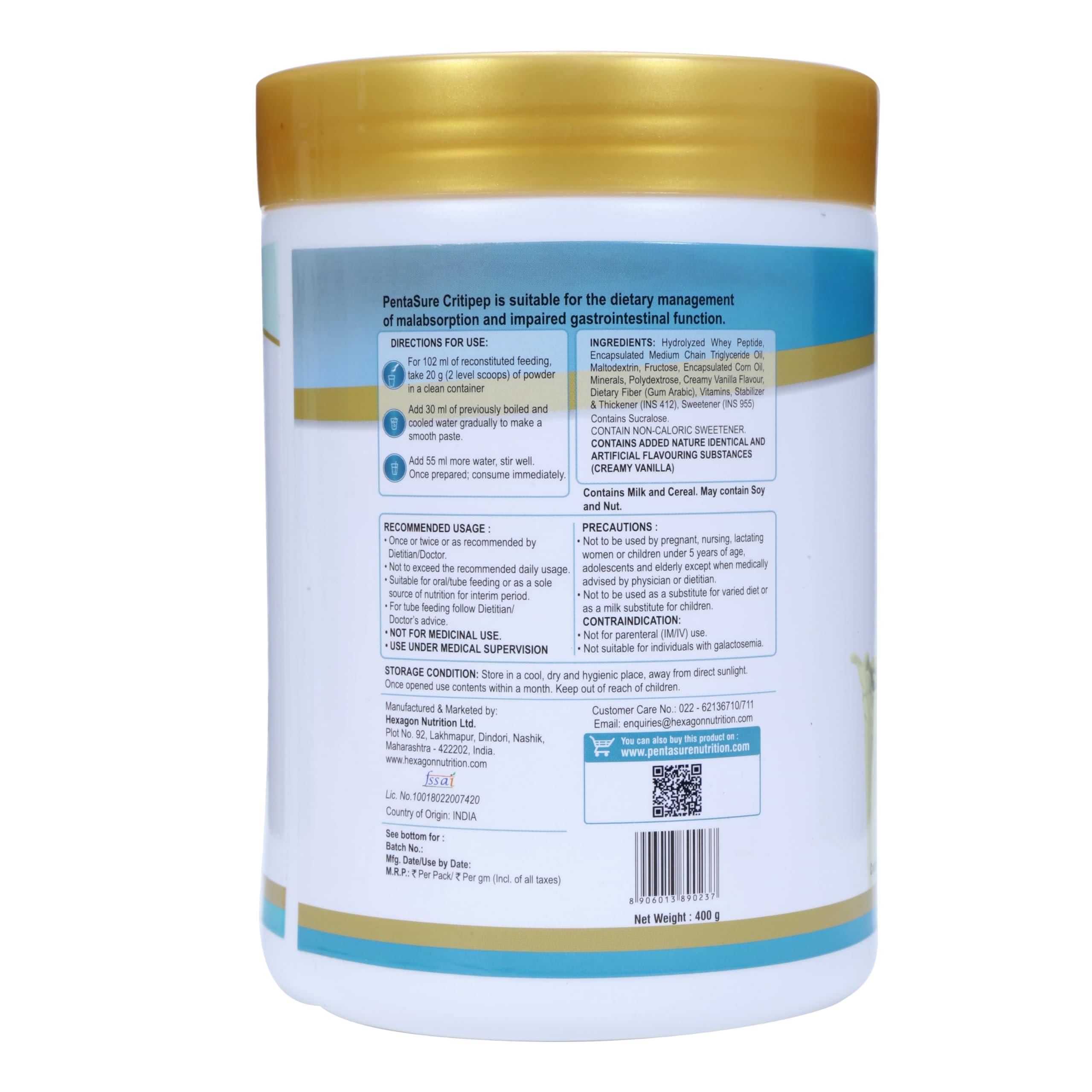 Pentasure PENTASURE CRITIPEP Peptide Diet - Creamy Vanilla Flavour 400 grams
