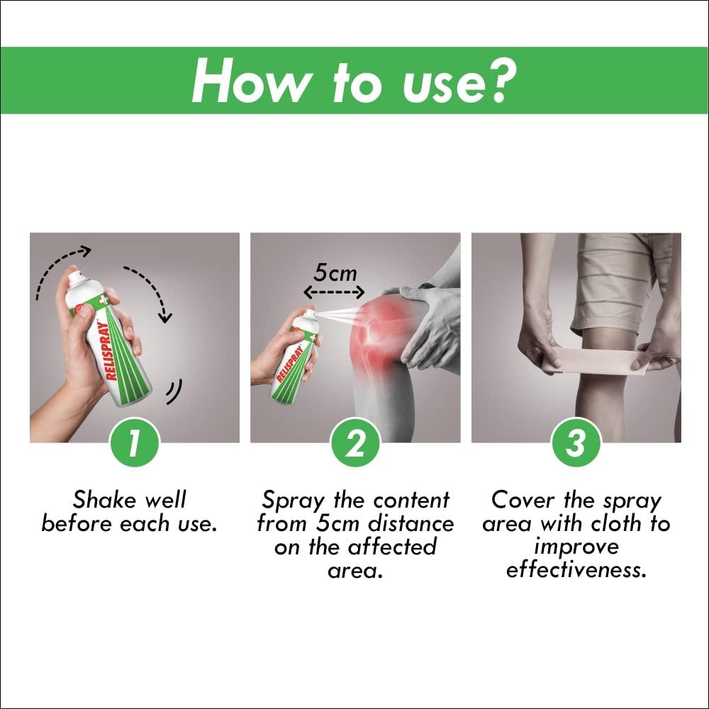Relispray RELISPRAY Instant Pain Relief | Purely Ayurvedic Spray | Unique Pain relieving Technology for - Elbow pain, Backache, Knee pain, Muscle pain, Tired feet, Ankle sprain | Keeps pain away longer | Over 475 Spray | 95g pack of 3