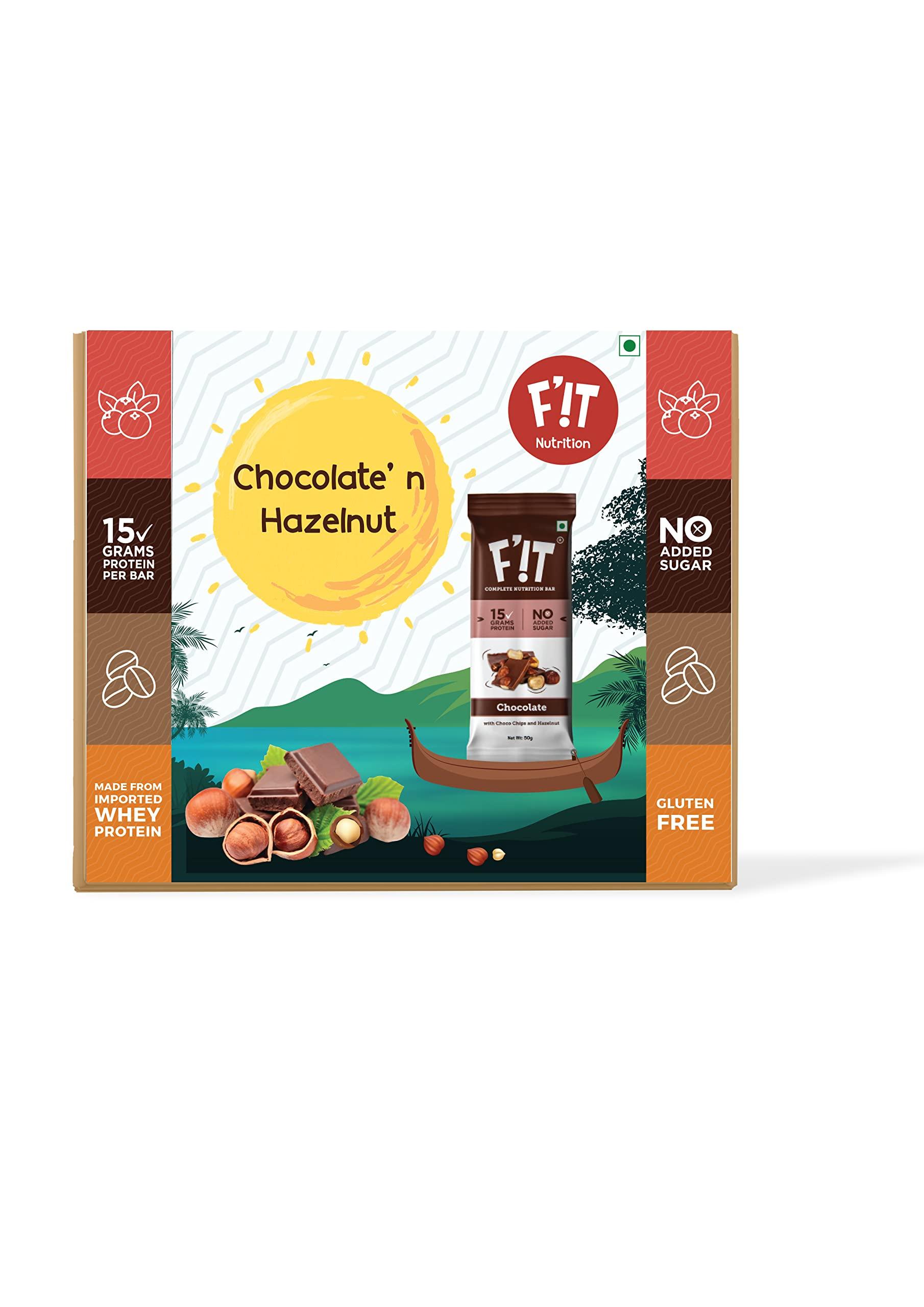F\'!T FIT Nutrition - 15g Whey Protein Bar, No Added Sugar | All Natural & Gluten-Free Protein Snacks - Chocolate with Hazelnut - Pack of 4 (50gX4) - 200g)