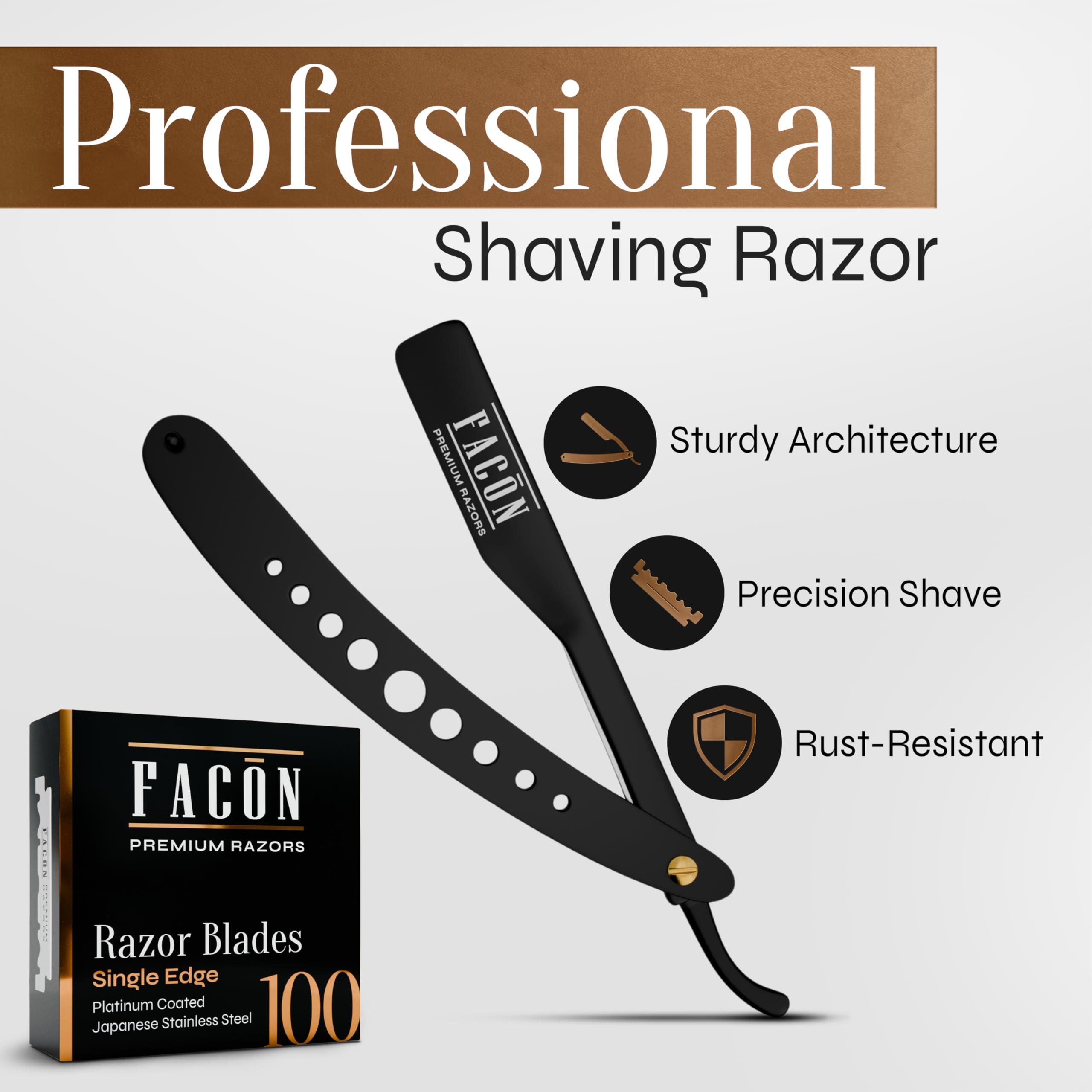 FACON Facón Professional Straight Edge Barber Razor/Rasoirs/Rasoi with Adjustable Tension Screw - Salon Grade Quality Cut Throat Shavette - Japanese Stainless Steel - Black & Gold Limited Edition Gift Box