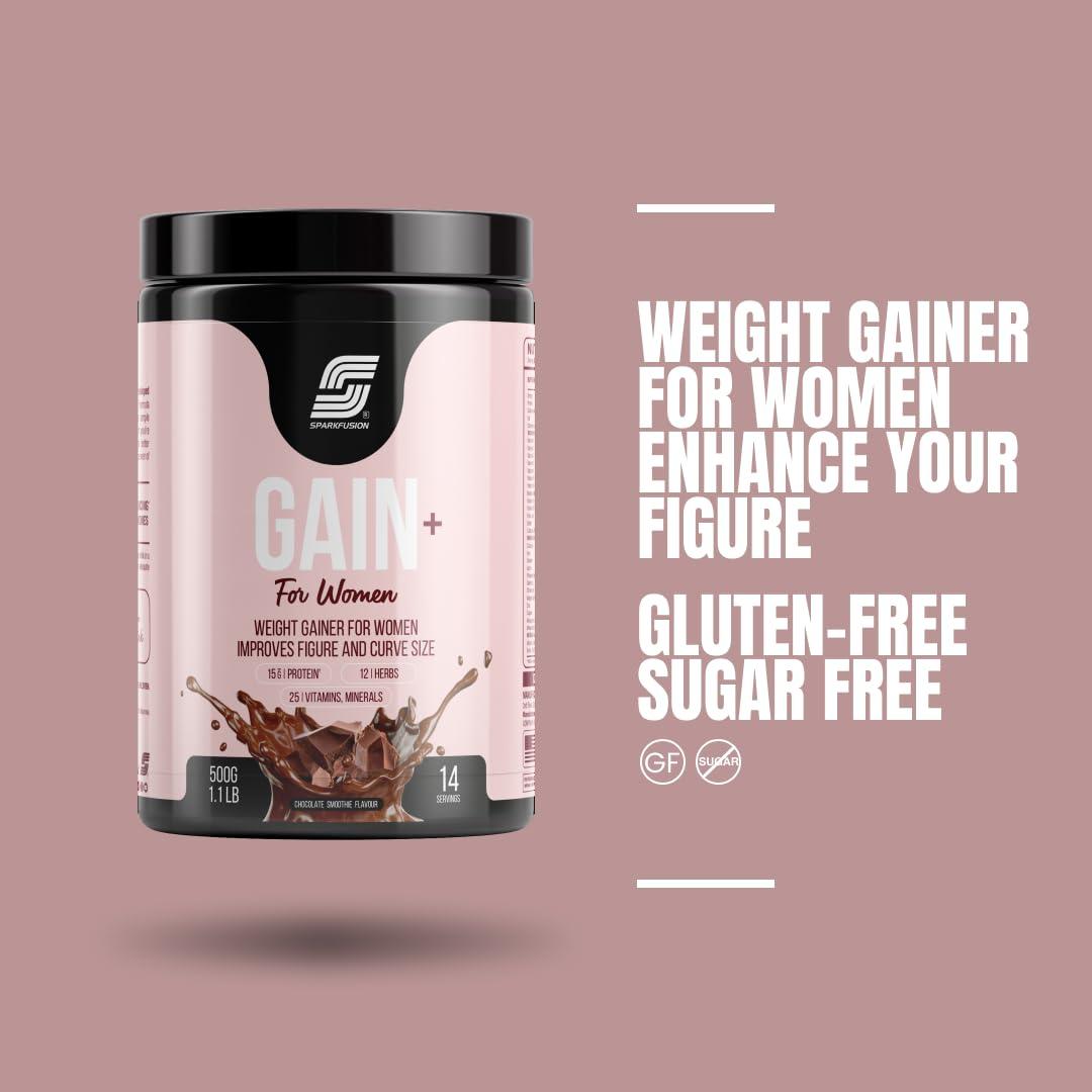 Sparkfusion Sparkfuison Gain+ Women Weight Gainer | With Full Power 12 Herbs,Protein & Vitamins | For Improves Figure And Curve Size | Weight + Mass Gainer For Women Chocolate Smoothie flavour 500 gm
