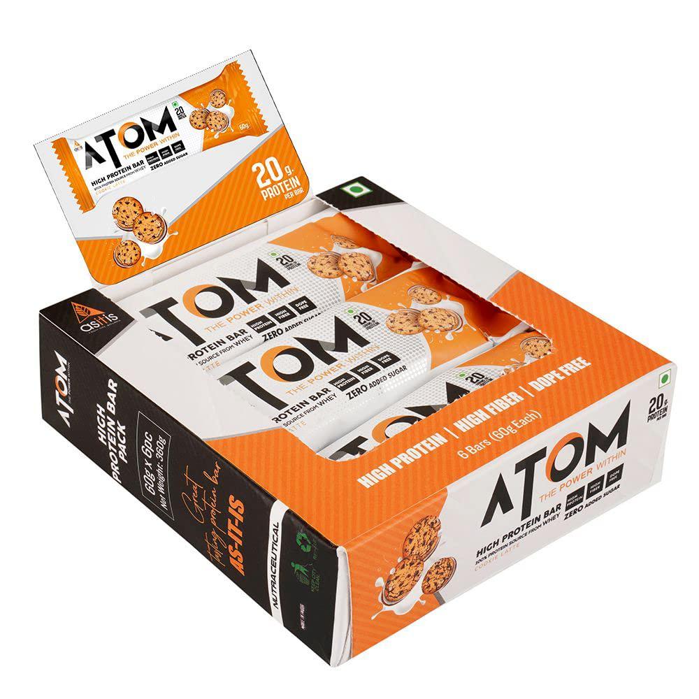 Asitis Nutrition Asitis Nutrition Atom High Protein Bar,20Gm Protein,Zero Transfat,Zero Added Sugar,Whey Protein Concentrate, Isolate & Hydrolysate As Protein Source,Pack Of 6 (60Gm X 6),Lathe Cookie