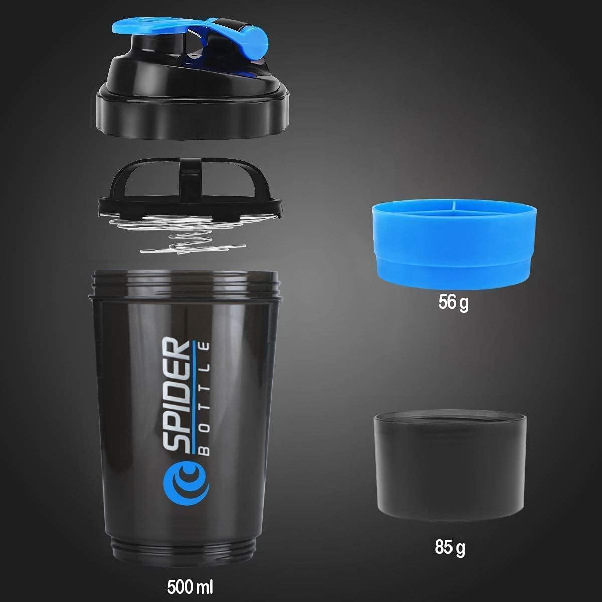 MIVVA MIVVA Spider Bottle Compact Gym Shaker Bottle, Shaker Bottles for Protein Shake with Extra Compartment, Bpa Free Material, Plastic. Capacity 500ml (Blue)
