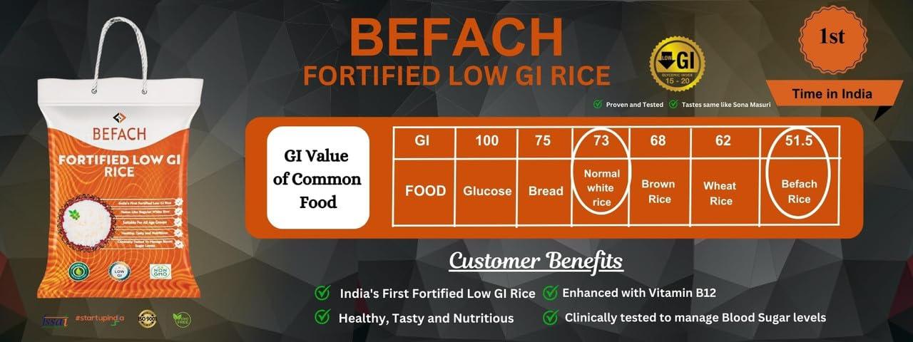 Befach 4x Befach Fortified Low GI Rice | Free of Pesticides, Non GMO, Certified Low GI & Low Sugar White Rice Perfect for Diet & Diabetic Patients | 4.5 kg (Pack of 3)