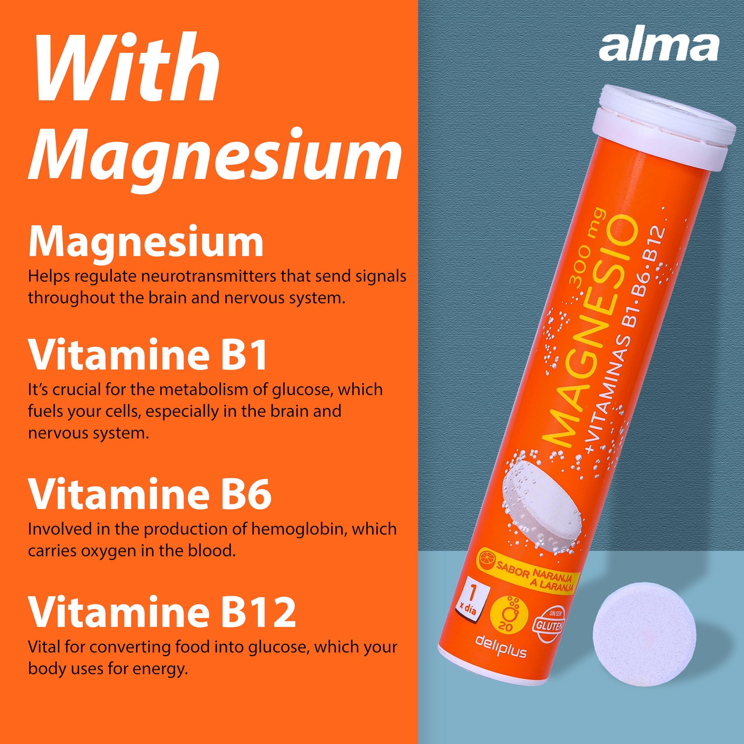 ALMA Alma Magnesium Effervescent Tablets with Vitamin B1, B6, B12 - Spanish Excellence for Optimal Health