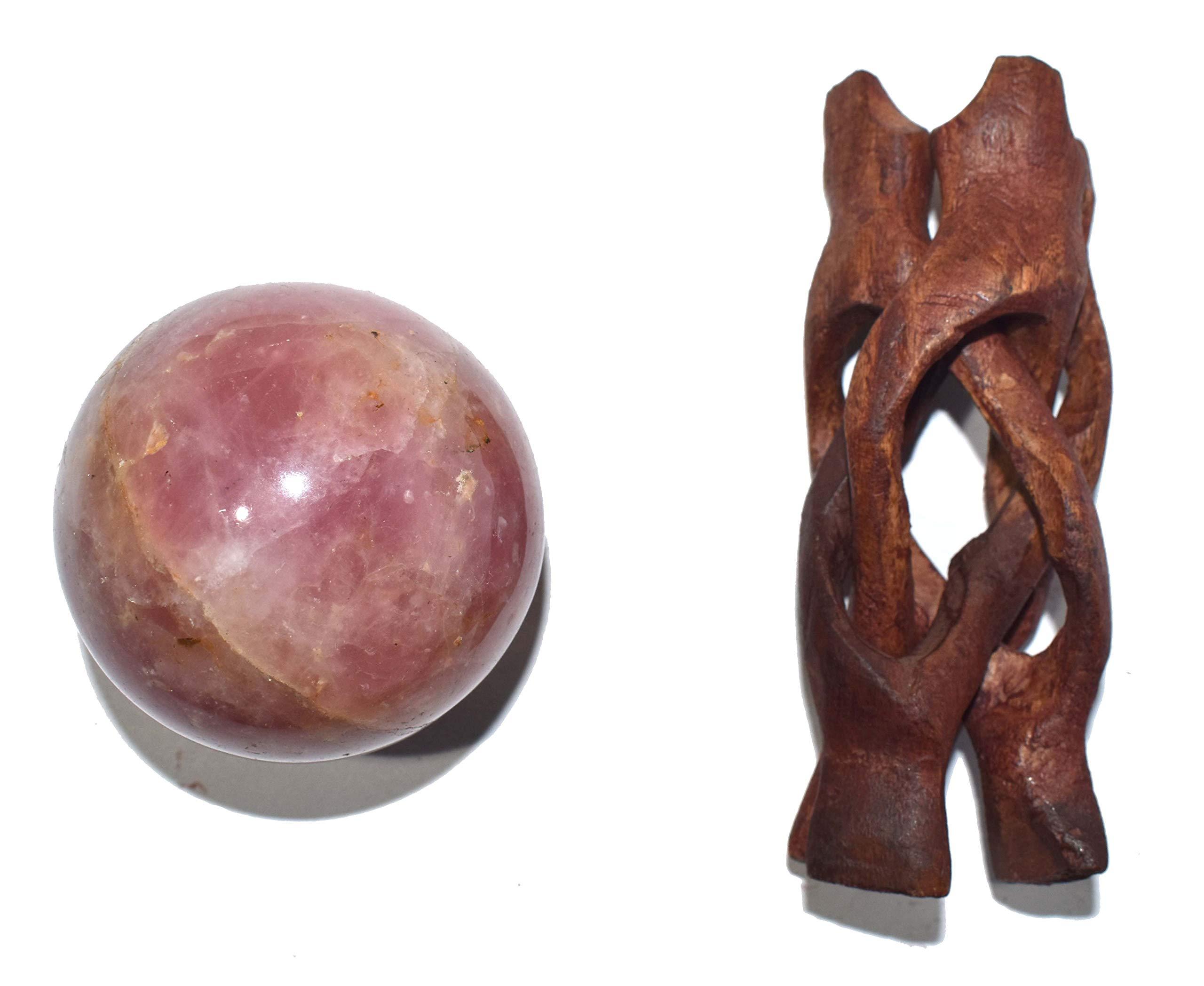 Healings4u Mystic Crystals & Creations Sphere Rose Quartz Dark AAA Size 2-2.5 Inch & One Wooden Ball Stand Natural Crystal Ball Sphere Vastu Reiki Chakra Healing