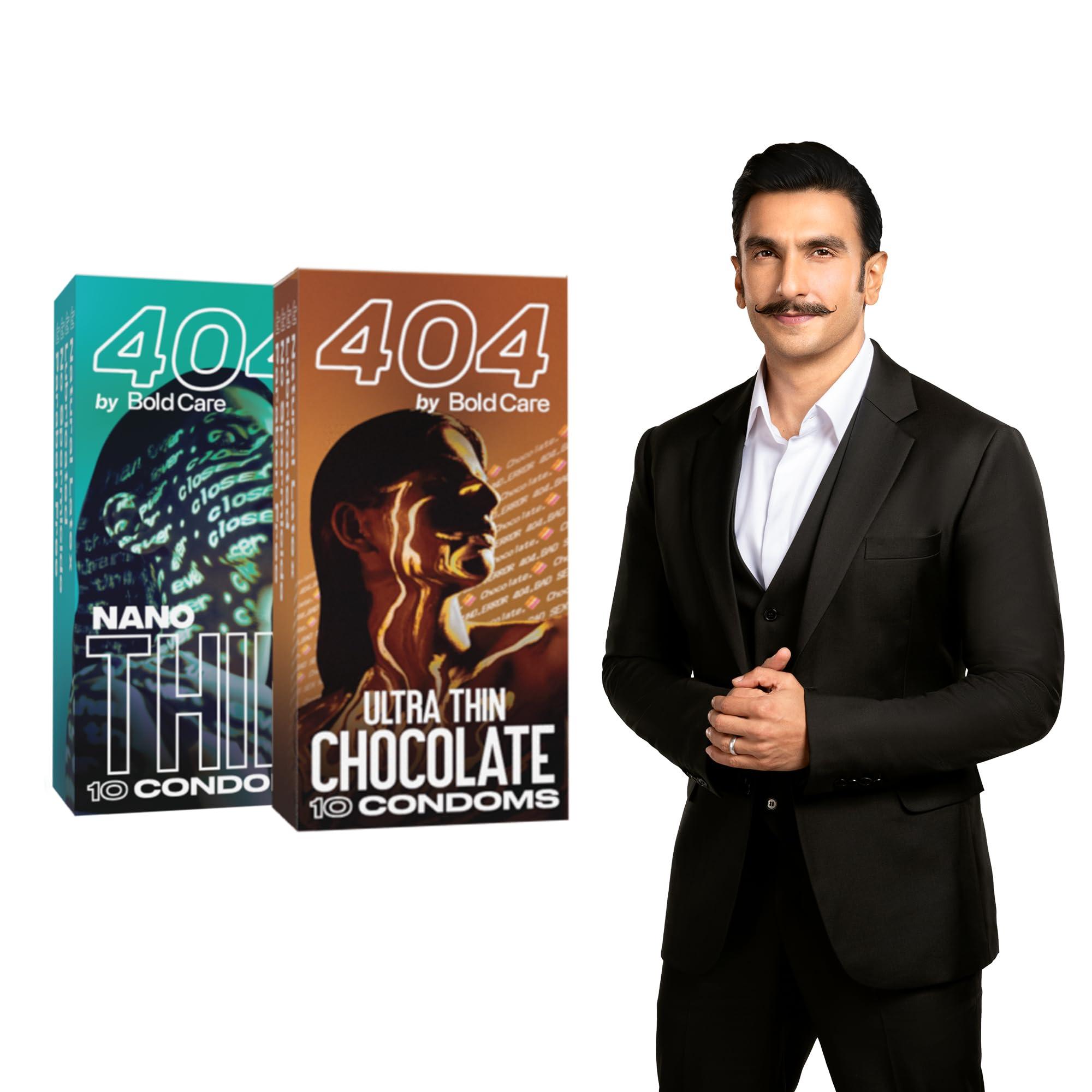 Bold Care Bold Care 404 Super Nano Thin Condoms For Men - 50 Microns - 10 Units - Intense Fit - Barely There Feel + Bold Care 404 Super Ultra Thin Chocolate Flavored Condoms For Men - 60 Microns - 10 Units