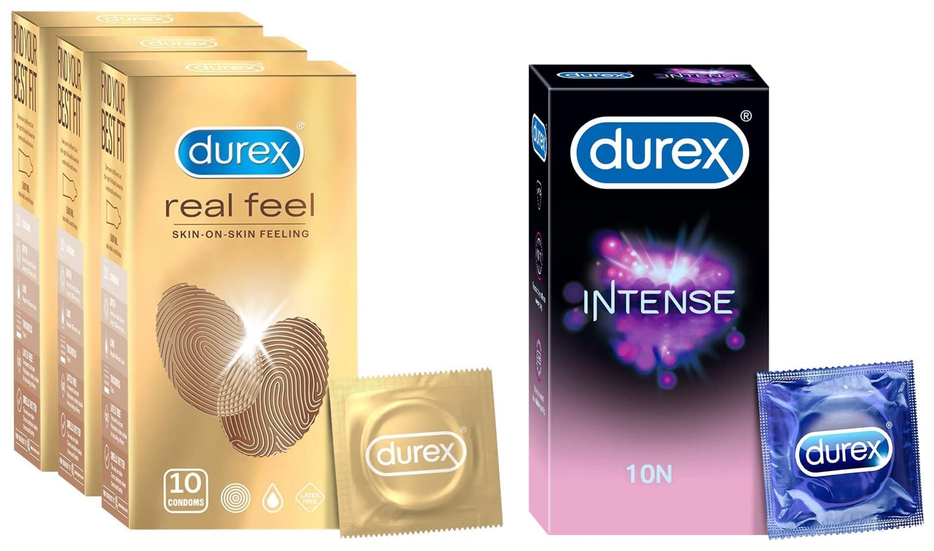 Durex Durex Real Feel Condoms For Men - 10 Count (Pack Of 3)| Latex Free & Intense Condoms For Her - 10 Count | Dotted And Ribbed Condom With Desirex Gel