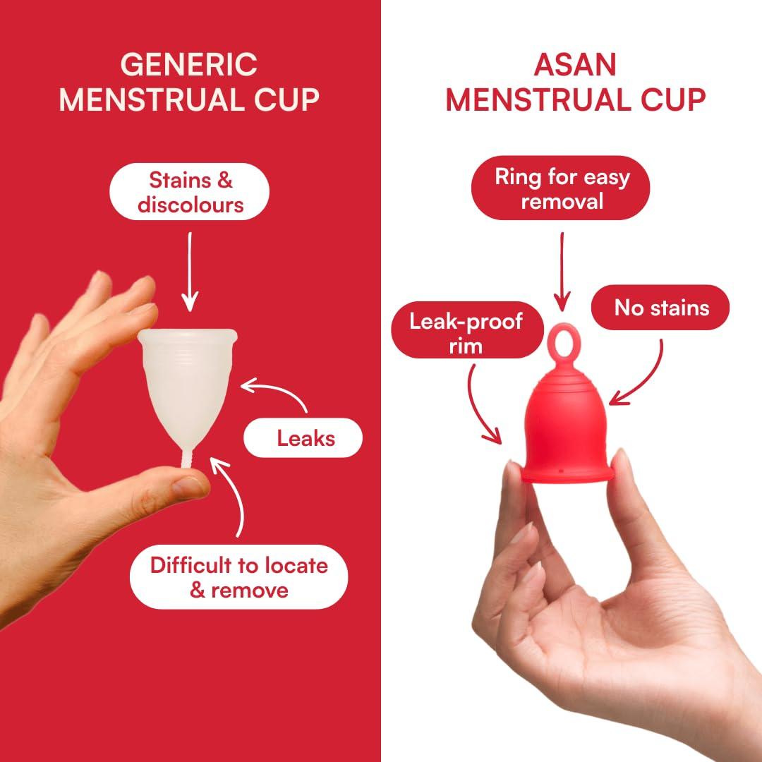 Asan Asan Menstrual Cup-Easiest Cup To Insert & RemoveISpecial Ring Design|Premium Medical Grade SiliconeIDesigned In The Usa (Heavy Flow),Pack of 1 Count,Red