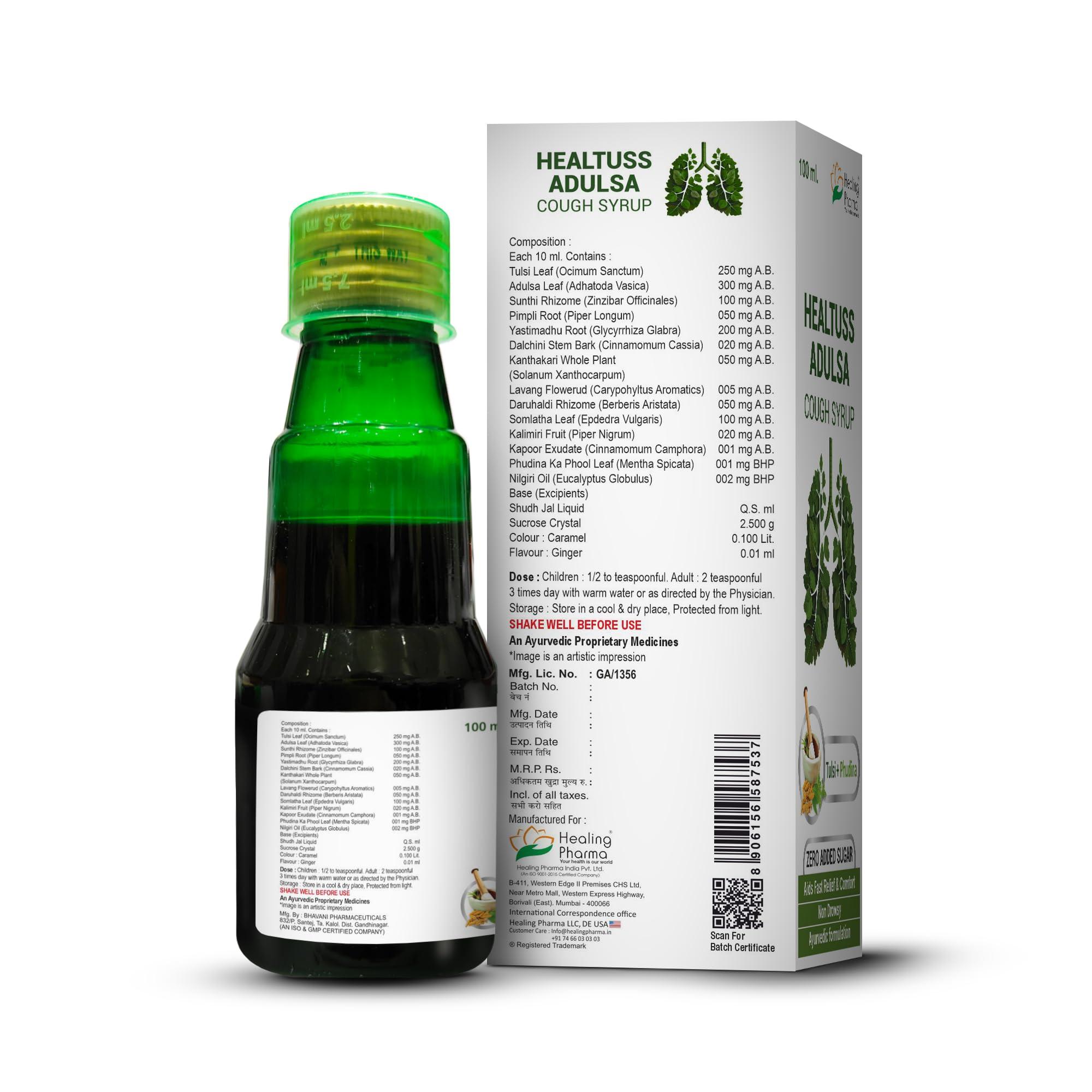 Healing Pharma Healing Pharma - Healtuss Adulsa Cough Syrup Ayurvedic With Tulsi & Phudina | Sugar Free- 100ml x Pack of 3