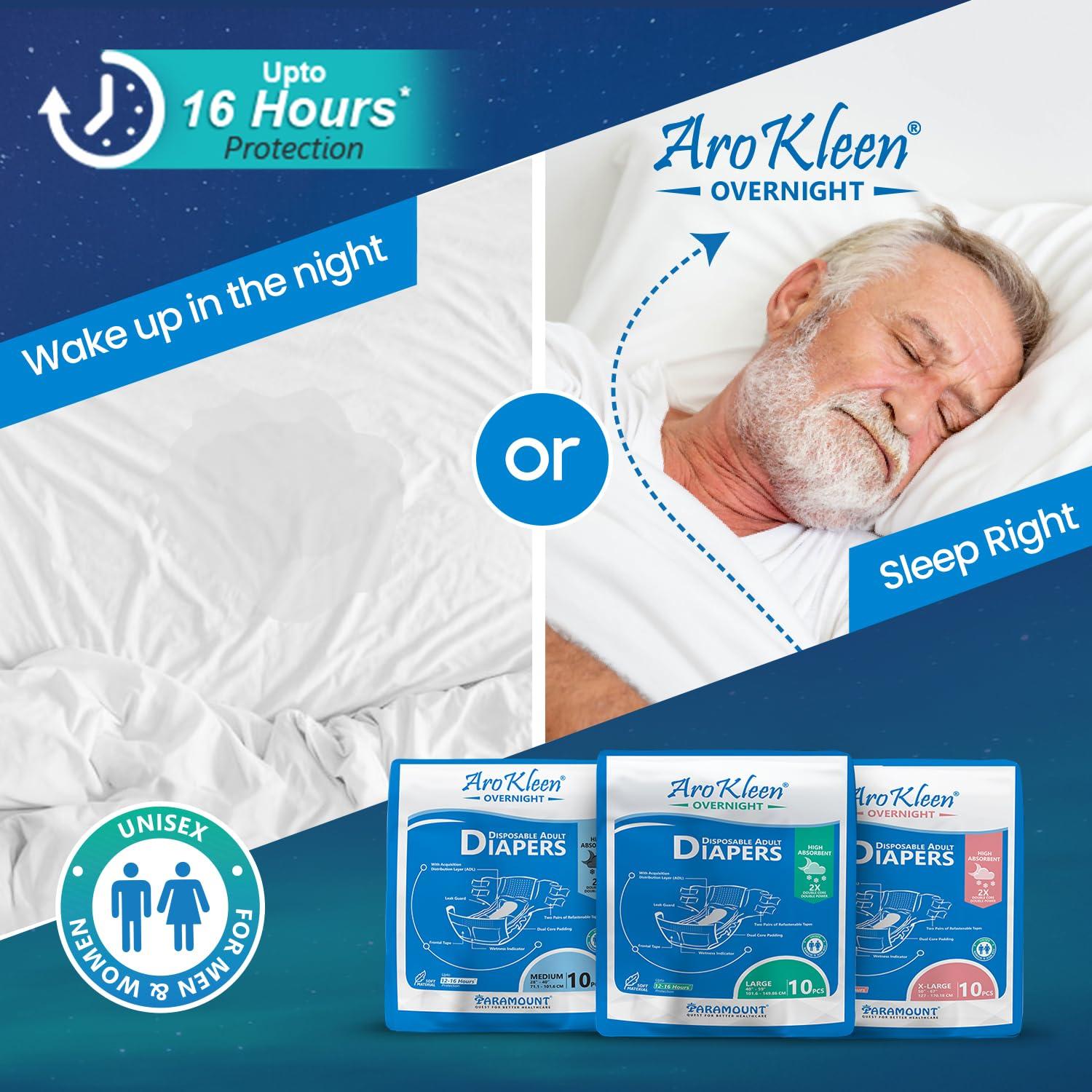 Aro Kleen Aro Kleen 2X Overnight 60 Count Adult Diapers Tape Style|Medium(M)|Waist Size 71-101 Cm(28"- 44")|16 Hr Absorption Protection|Unisex|Leak Proof|Wetness Indicator- Pack Of 6