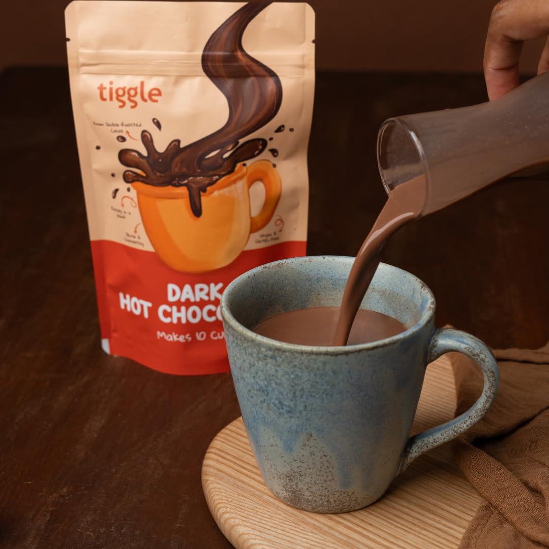 Tiggle Tiggle Dark Hot Chocolate Powder Mix - 10 Cups Pack | Farm Fresh From Tamil Nadu | Thick & Chocolatey Drink | Enjoy Hot or Cold | Vegan & Gluten-Free | No Preservatives | Ready in 2 minutes