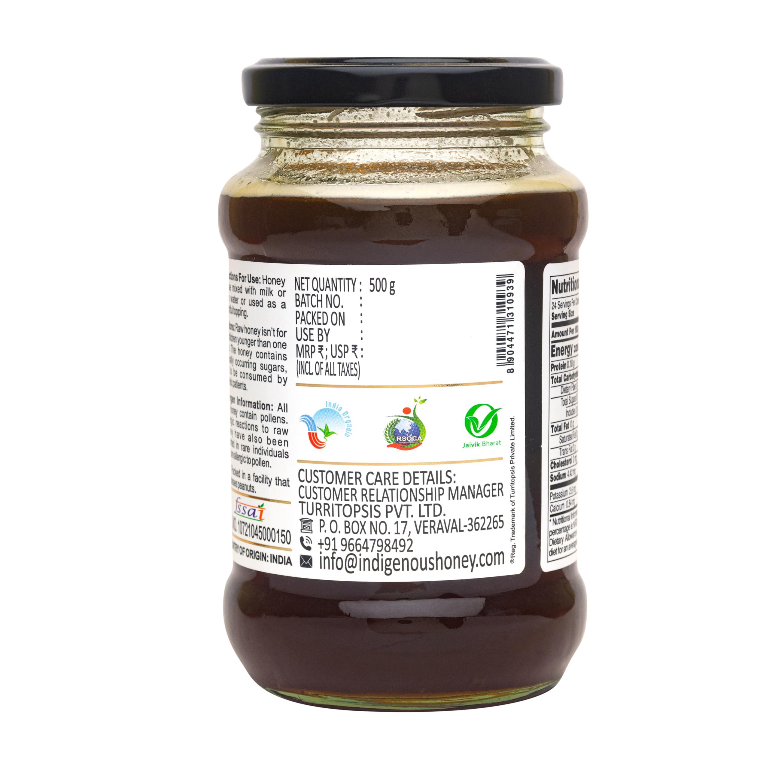 INDIGENOUS HONEY INDIGENOUS HONEY Raw Organic Honey Unprocessed Unfiltered Unpasteurized Pure Natural Original Honey - 530 Grams Glass Jar (Pack of 2)