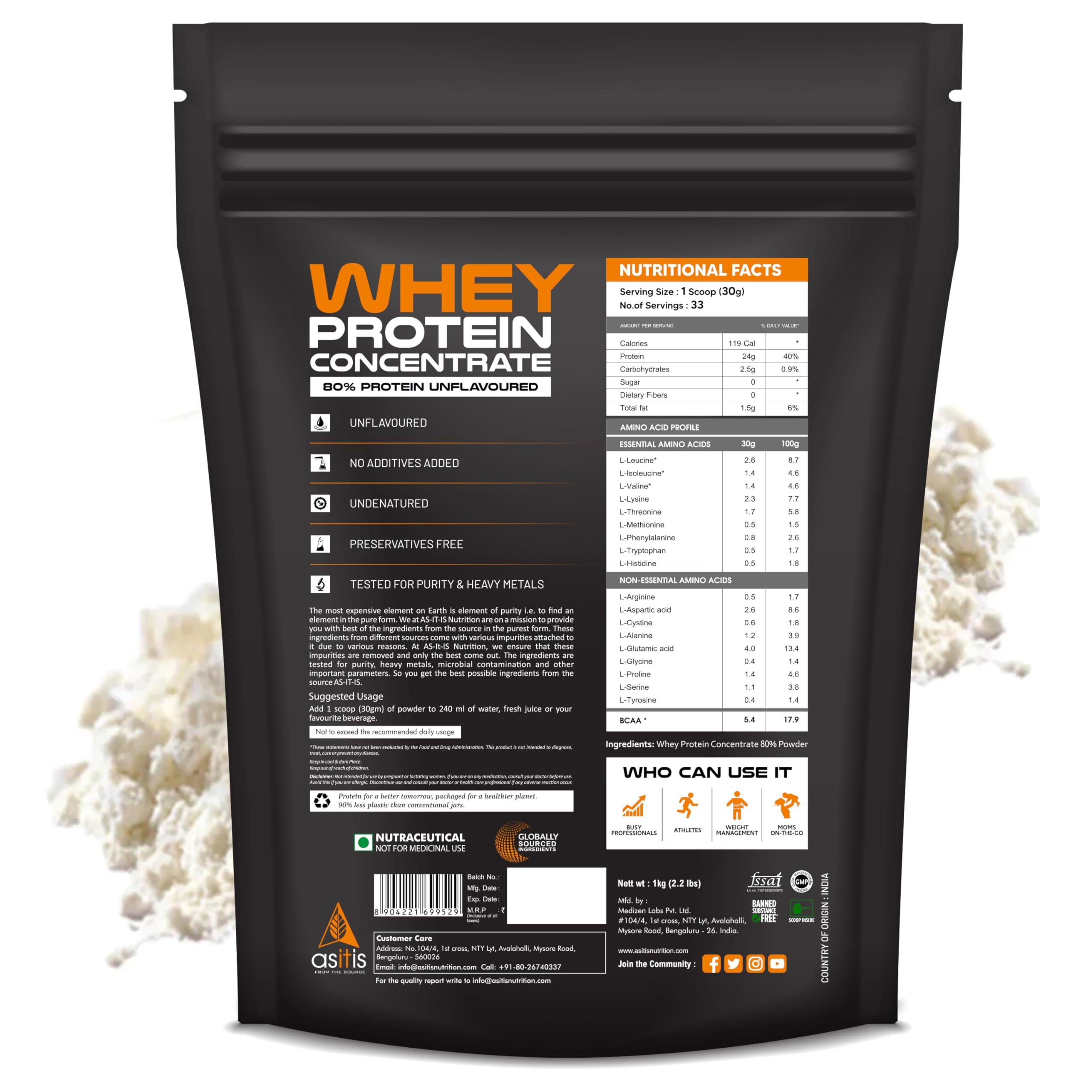 Asitis Nutrition AS-IT-IS Nutrition Whey Protein Concentrate 80% - 1kg | Unflavoured | tested for purity | Labdoor certified