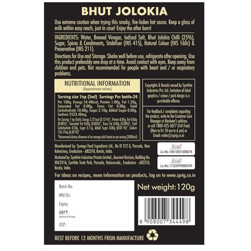 S P R I G Sprig Bhut Jolokia Sauce | Made with Worlds hottest Ghost Peppers | 75,000 SHU | Use as condiment, marinade or dip | Vegan | For veg and non-veg cuisine | Use with Pizza, Chicken Wings, Salads & Snacks | 120 gms
