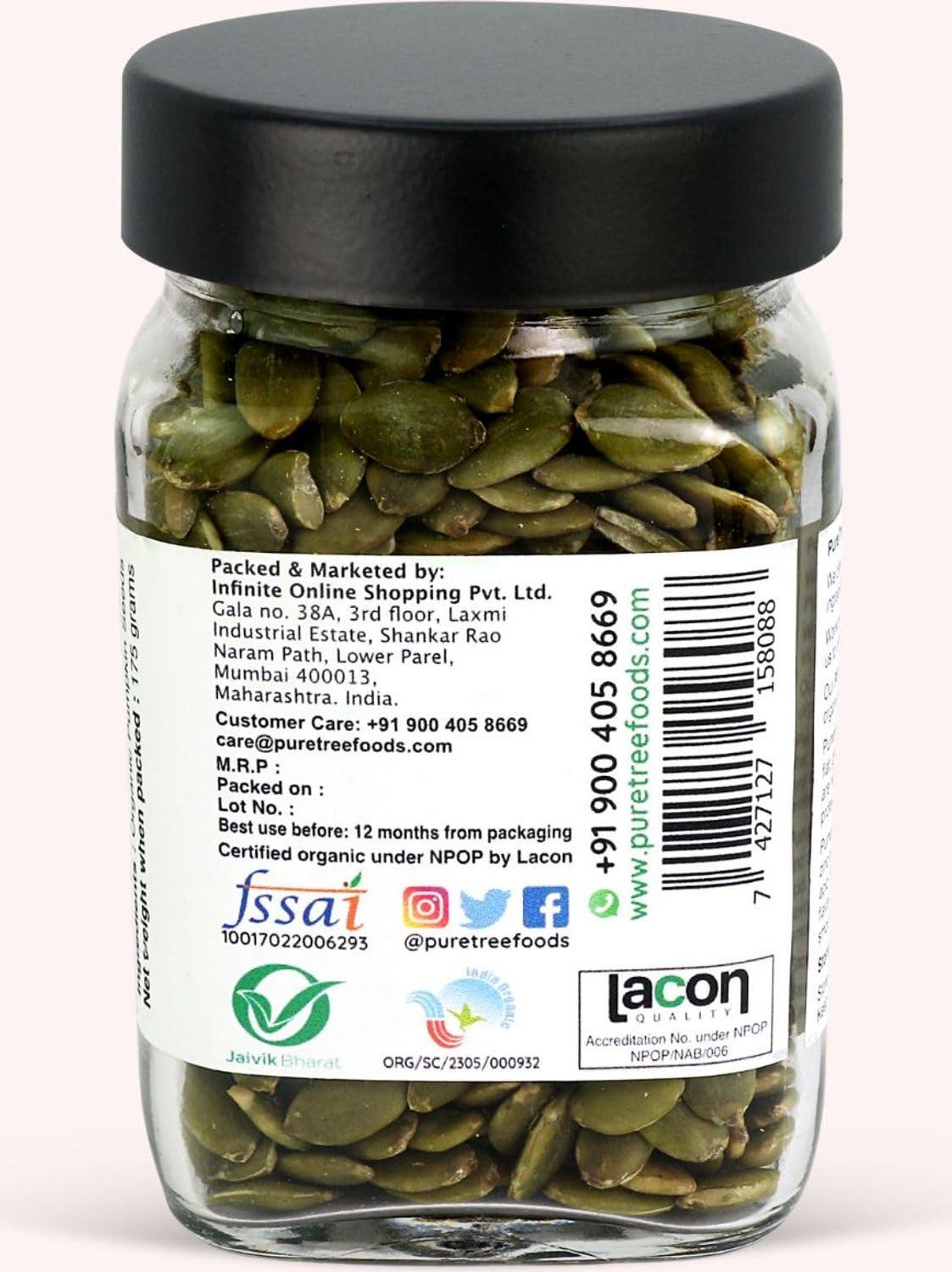Pure Tree Pure Tree Certified Organic Pumpkin Seeds | 175 g | Glass Jar | Kaddu ke Beej | Organic Seeds for Eating Good Source Of Omega 3 | Raw Pumpkin Seeds Organic Superfood