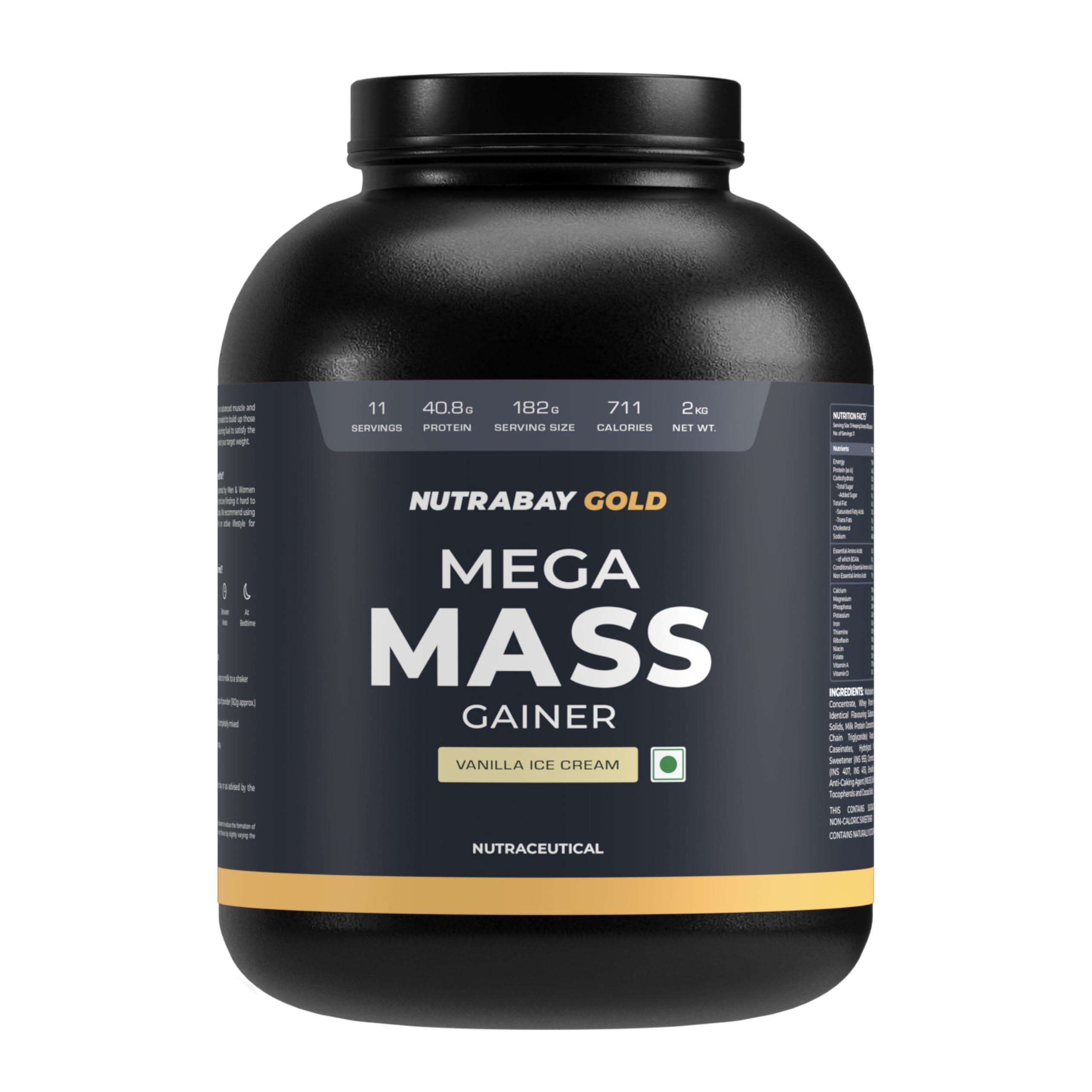 Nutrabay Nutrabay Gold Mega Mass Gainer Powder - 2kg, Vanilla Ice Cream | 100% Veg | 40.8g Protein, 123g Carbs, 711 Calories | Muscle Building & Weight Gainer Supplement for Men & Women