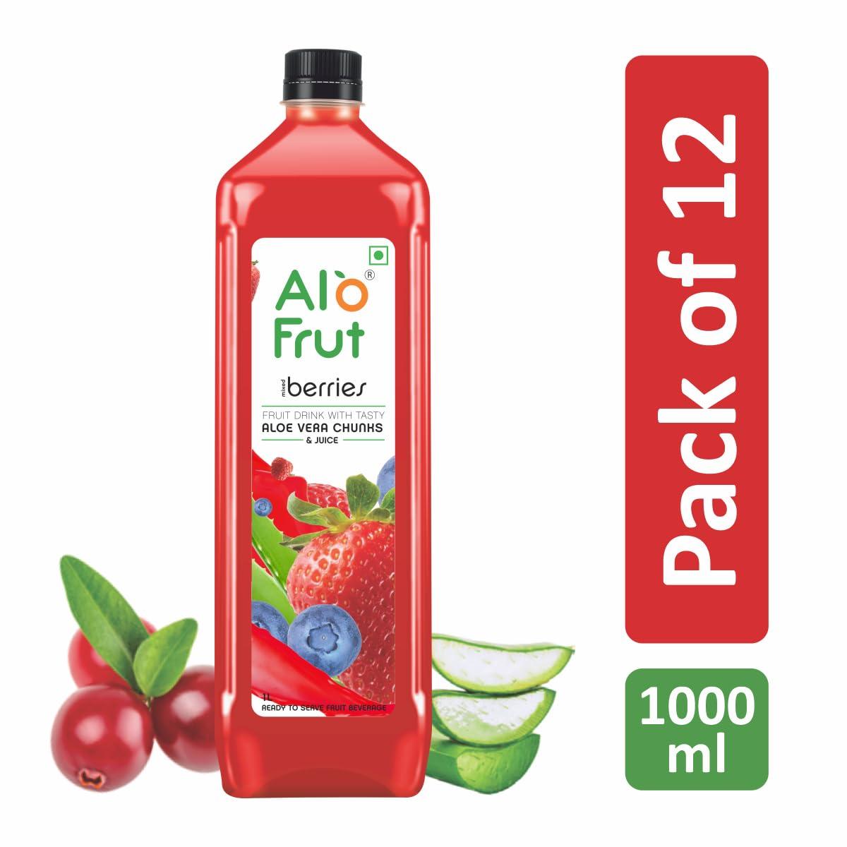 ALO FRUT Alo Frut Berries Aloevera Chunks & Juice 1 Ltr (Pack of 12) - 1 Case | Fruit Juice Mai Aloevera Chunks | Healthy Hai Isme Aloevera Hai | Ready To Serve Drink