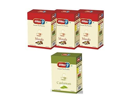 Jivraj 9 Jivraj 9 Combo Pack of Instant Tea Premix, Masala Instant Tea Premix (Pack of 3) & Cardamom Instant Tea Premix (Pack of 1), 10 Sachets Each, Pack 4