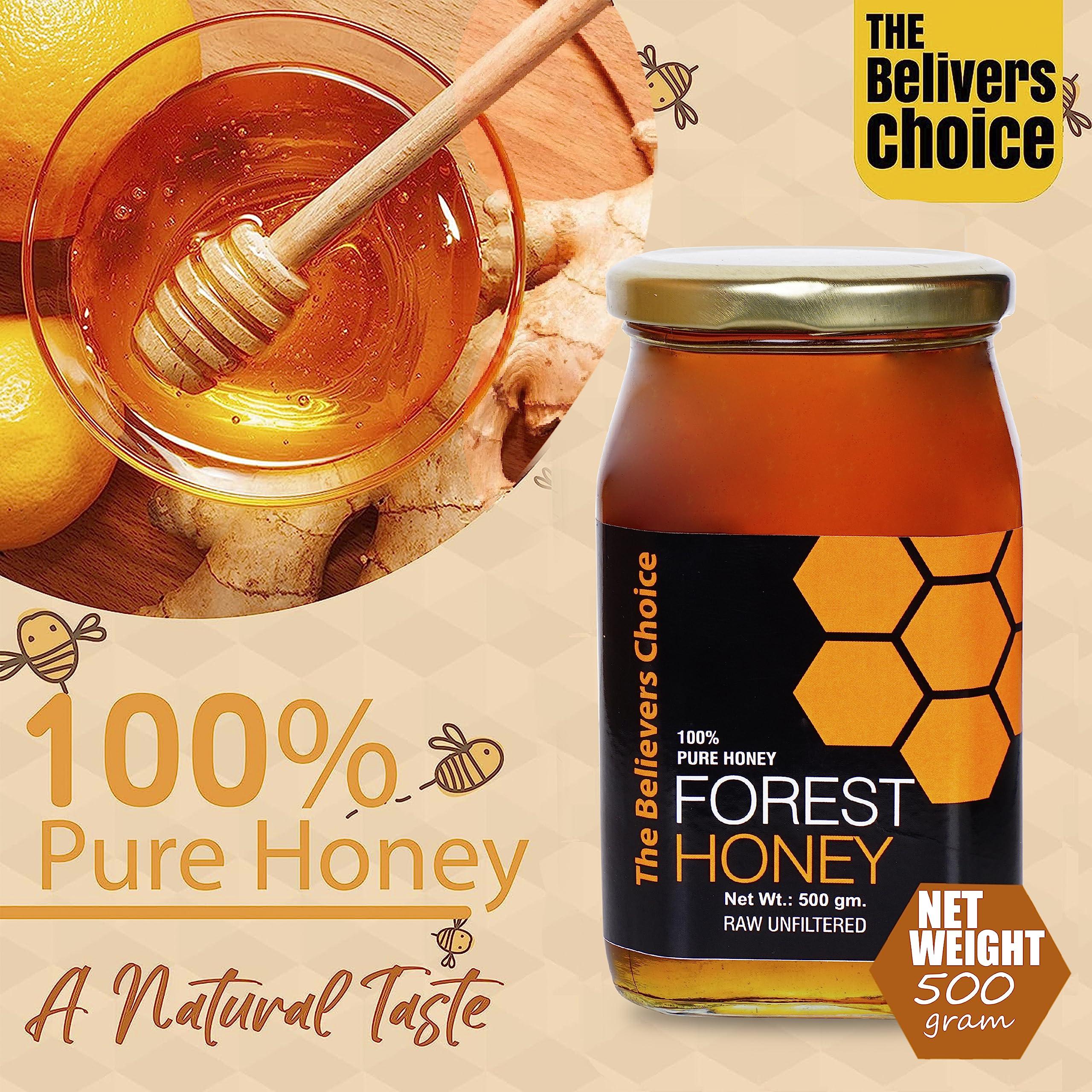 The Believers Choice The Believers Choice Raw Organic Forest Honey, Wild, Unprocessed, Unheated, Non Pasteurized, Original Honey 100% Pure and Natural, Collected from Deep Forest , 500 Gram jar