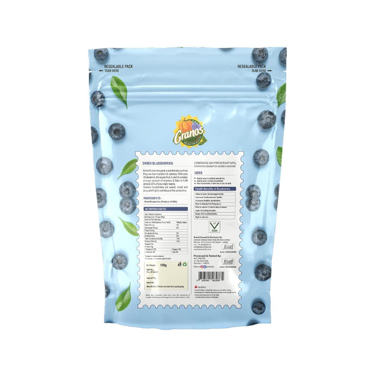 GRANOS Granos Dried Blueberries 150g | Dried Fruits | Sweet Berries | Produce Of USA | Trans Fat Free | Gluten Free | Healthy Skin | Boost Immunity | Rich In Nutrients | 100% Natural | Plant Based | Healthy Motabolism