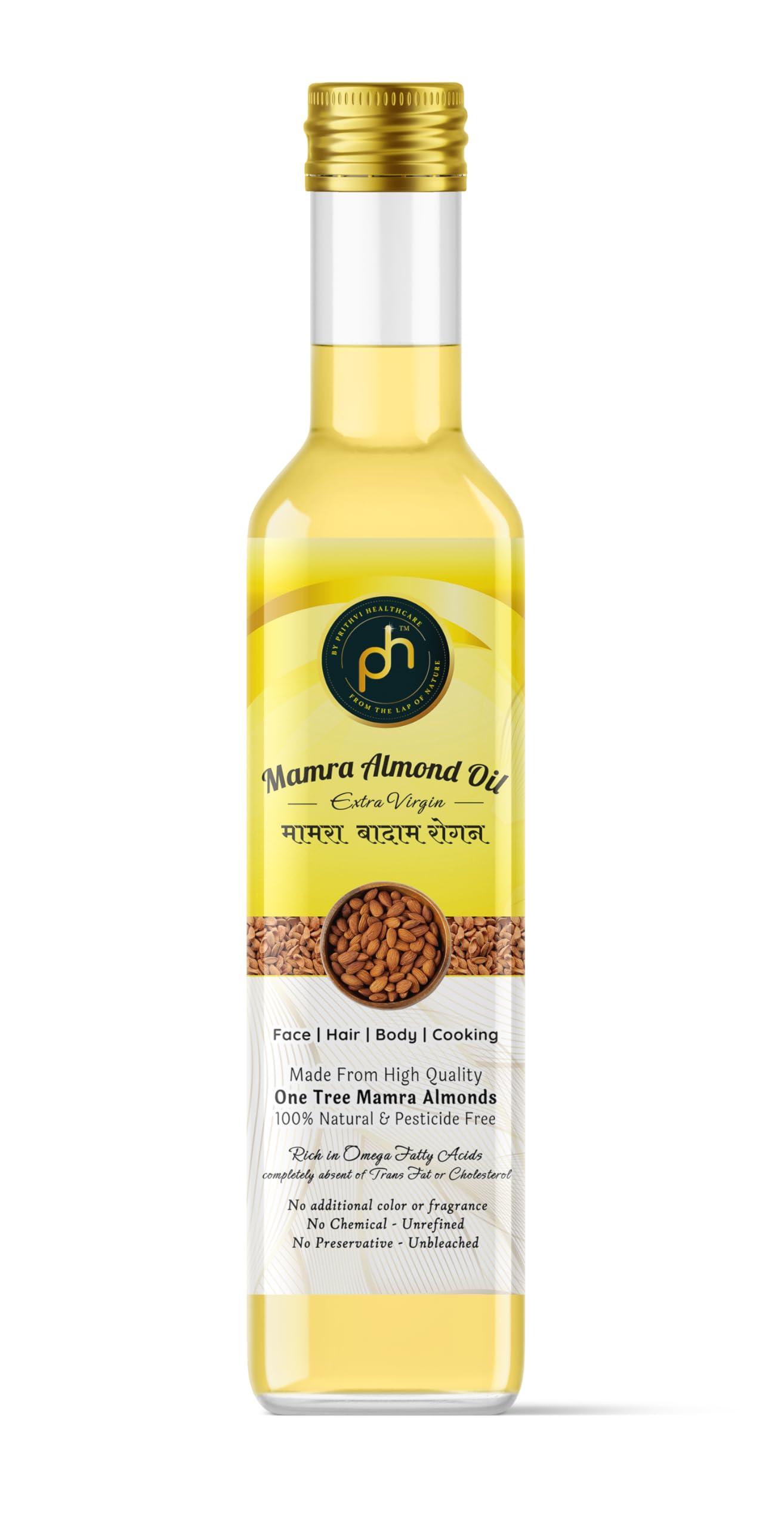 PH PHs Organic Kashmiri Mamra Almond Oil 100ml | Cold Pressed Watermill (Gharat) extracted in Kashmir valley | Extra Virgin | Mamra badam Rogan rich in Vitamin E good for Hair Skin and Diet