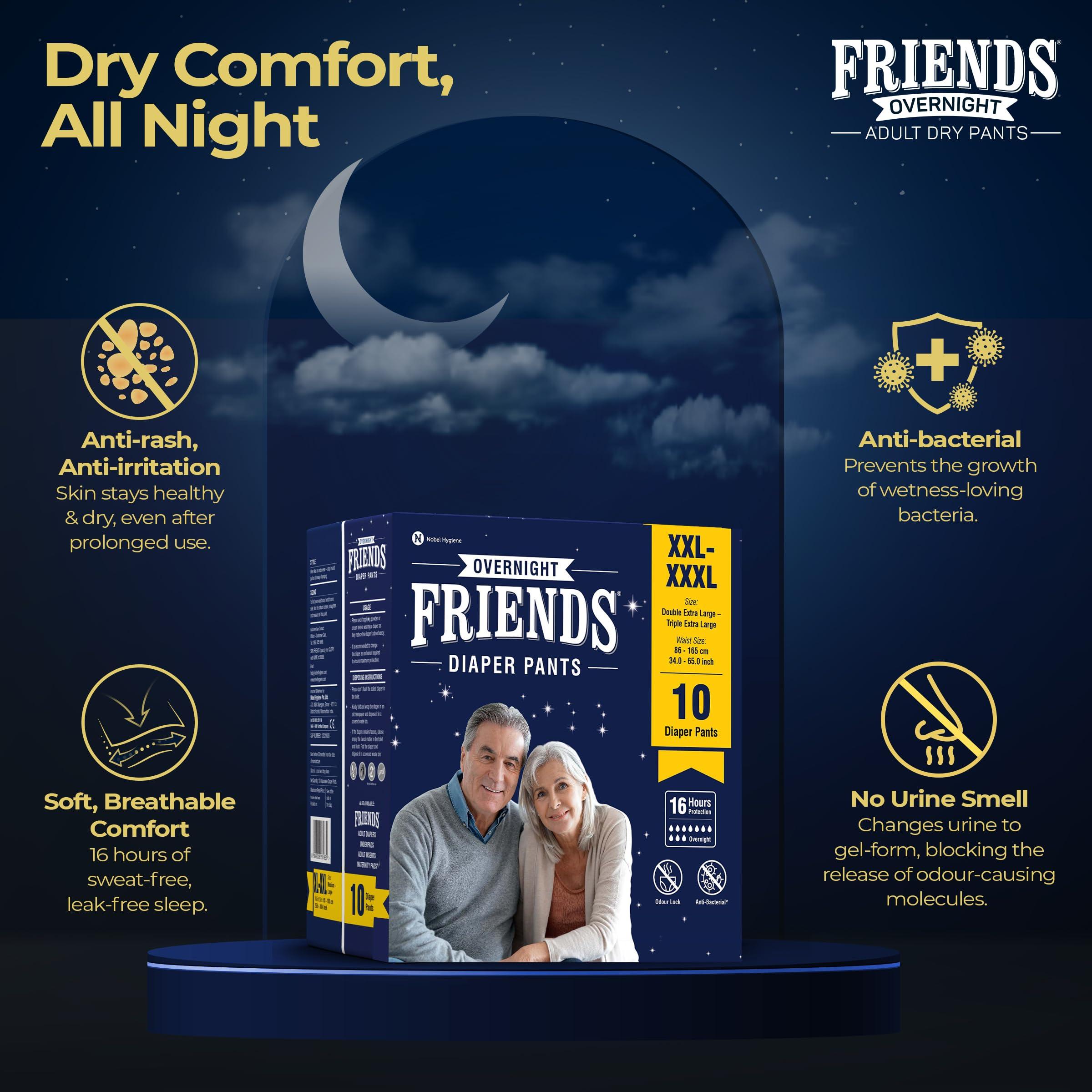 Friends Friends Overnight Adult Diapers Pants Style - 40 Count (Double Extra Large) with odour lock, Unisex, Leakproof, Elastic Waist and Anti-Bacterial Absorbent Core - Waist Size 34-65 Inch; 86-165 cm