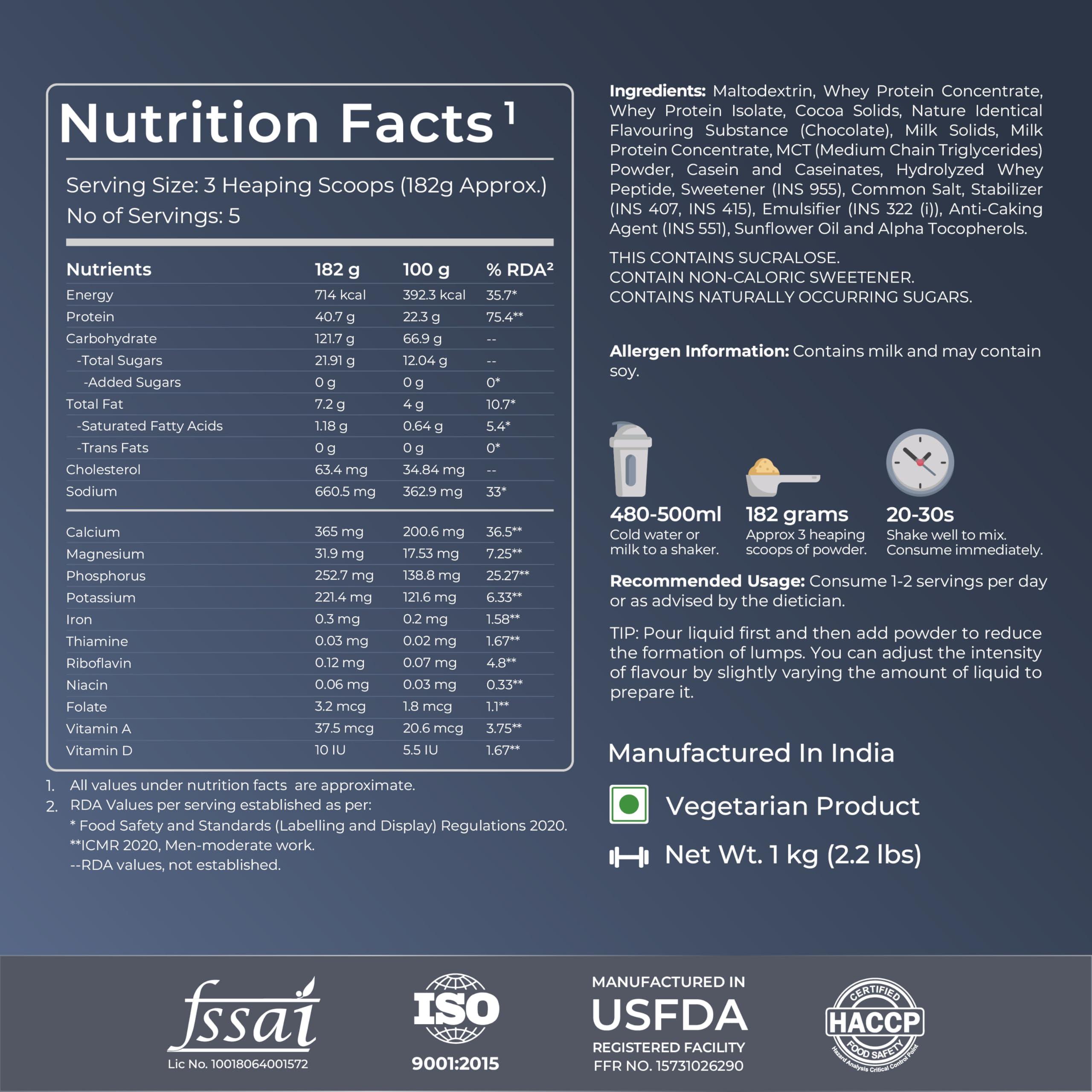 Nutrabay Nutrabay Gold Mega Mass Gainer Powder - 1kg, Rich Chocolate Creme | 100% Veg | 40.7g Protein, 122g Carbs, 714 Calories | Muscle Building & Weight Gainer Supplement for Men & Women