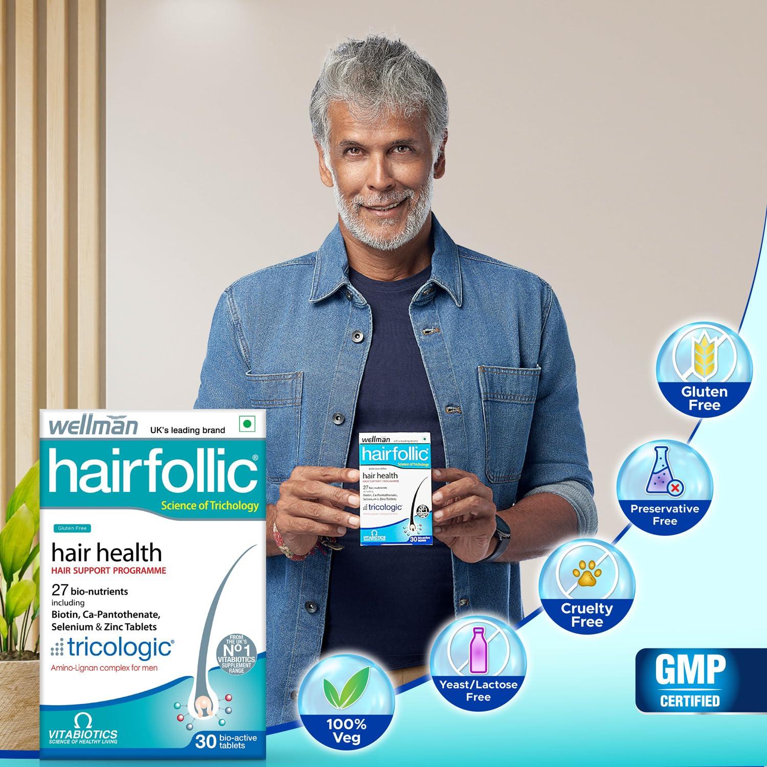 wellman wellman Hairfollic Hair Supplements For Men - Advanced Hair Nutrition With Tricological Amino-Lignan Complex | 27 Bionutrients For Healthy Hair, Beard, And Skin (Pack Of 3), Tablet