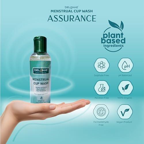 Delonae Menstrual Cup Wash Liquid -100ml | Plant based | pH balanced | Sulphate Free, Formaldehyde Free, Paraben Free | Healthy and Safest way to Sterilize your Period Cup