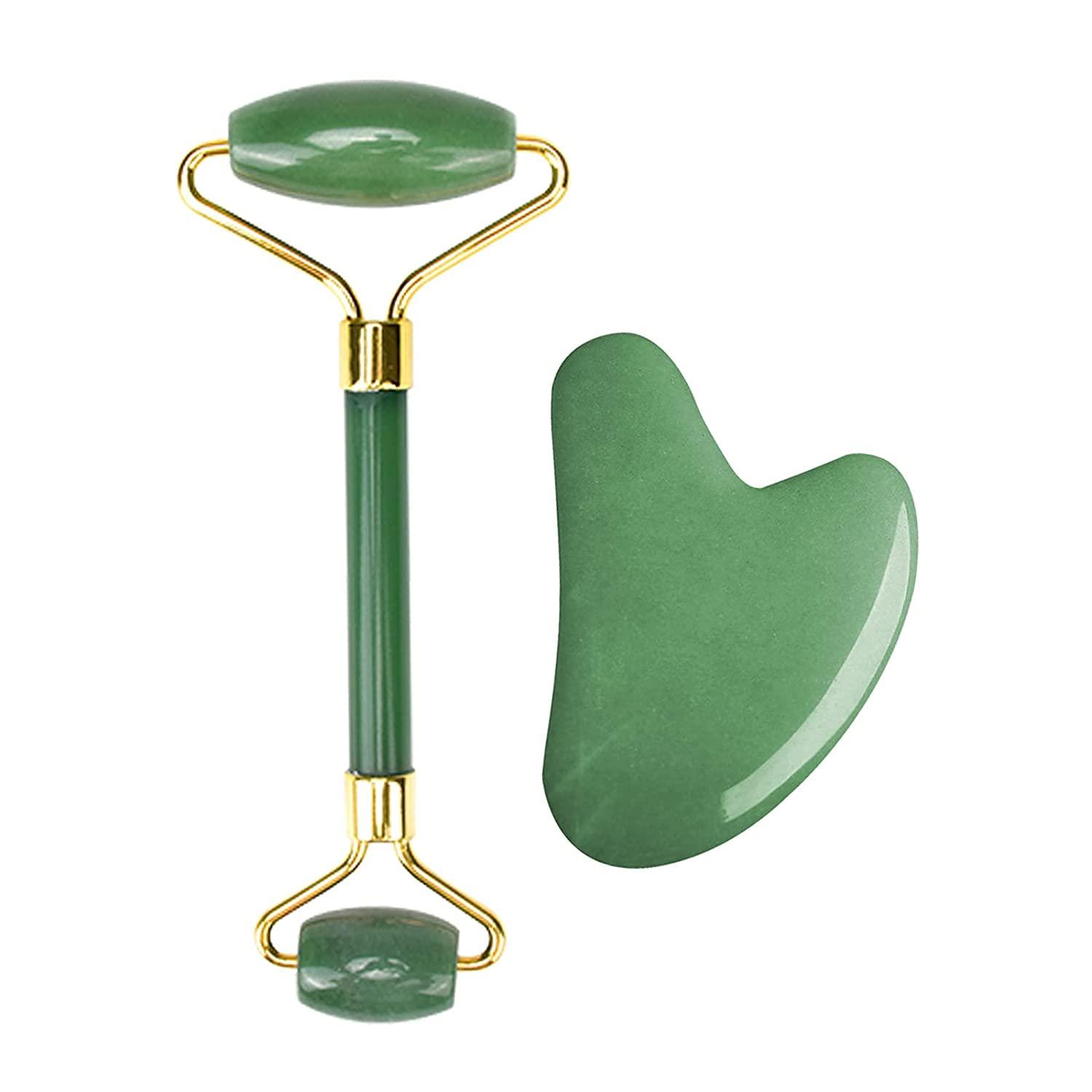 SAMJU SAMJU Premium Jade Roller & Gua Sha Set - Face Roller Massage Tool, Green Aventurine Applicator for Face, Neck and Body Muscle - Relaxing and Stimulating Blood Flow, Relieve Fine Lines & Wrinkles