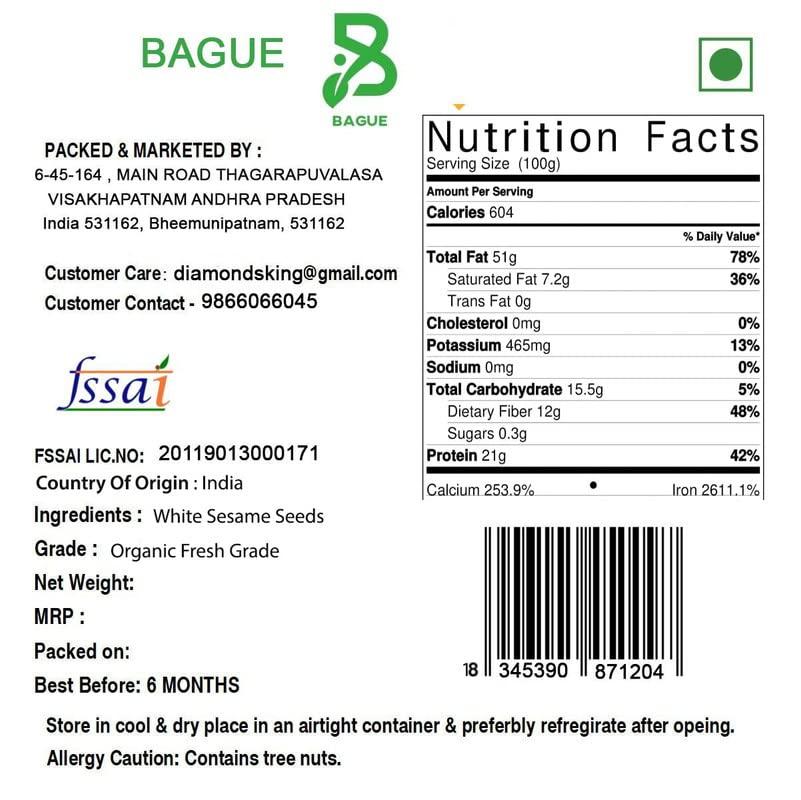 BAGUE Bague Whole Raw Organic White Sesame Seeds til nuvvulu 100 Grams