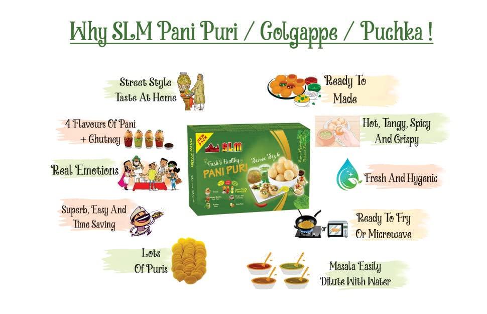 SLM SLM Pani Puri Golgappe Puchka kit with 4 Different Flavours 50Pcs Puris.(Pack of 5) Pudhina Pani, Hing Pani, Lasooni Pani, Khatha Meetha Imli Pani and khajur Imli Chutney 250g Each Combo