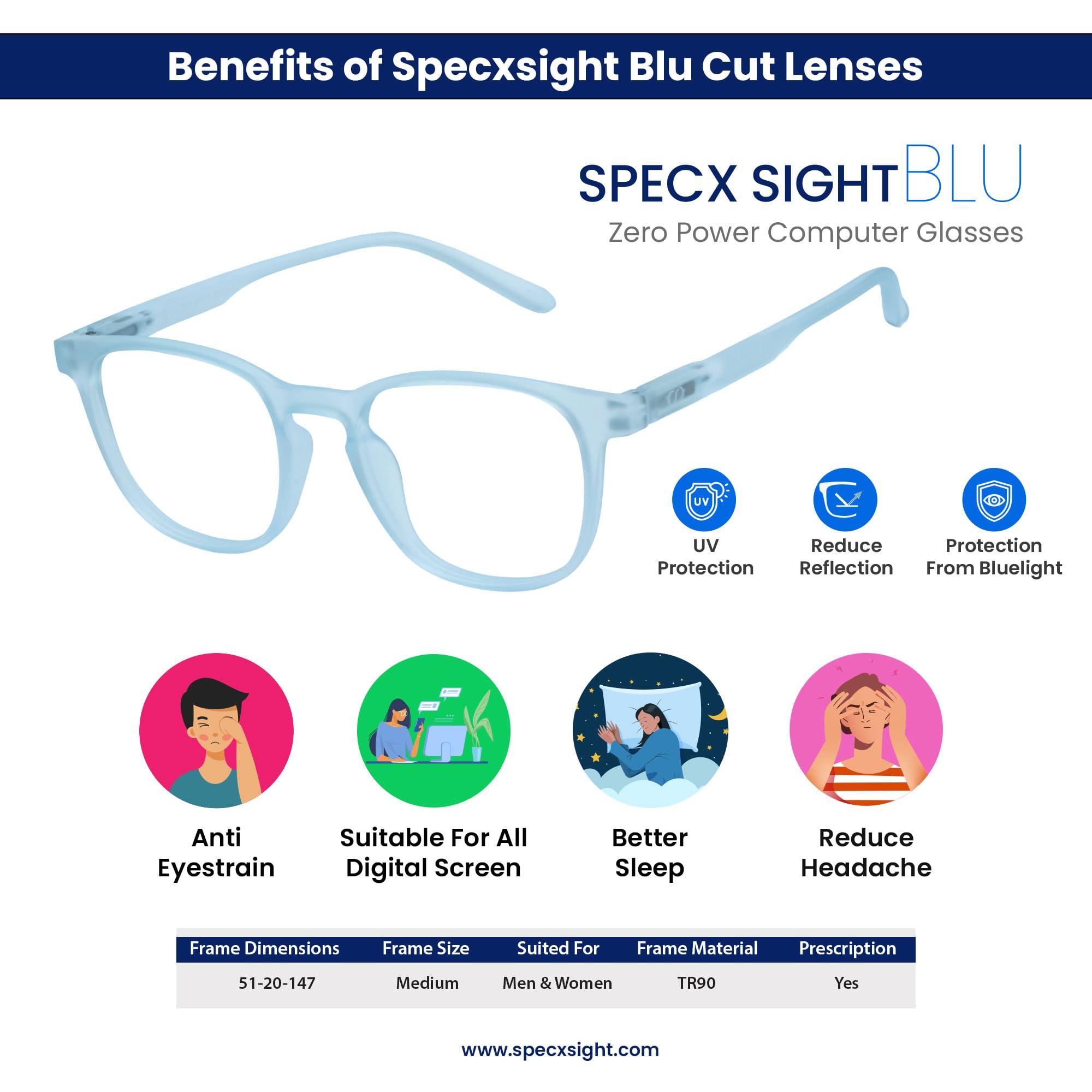 SPECX SIGHT SPECX SIGHT BLU zero power computer glasses | Anti Glare, Lightweight & Blocks Harmful Rays | UV Protection Specs For Men & Women (SKY BLUE)