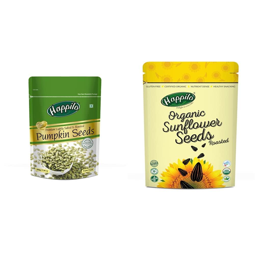 Happilo Happilo Premium Pumpkin Seeds - Roasted, Lightly Salted Pouch, 200 g & Premium Roasted & Salted Sunflower Seeds (No Shells) 250g