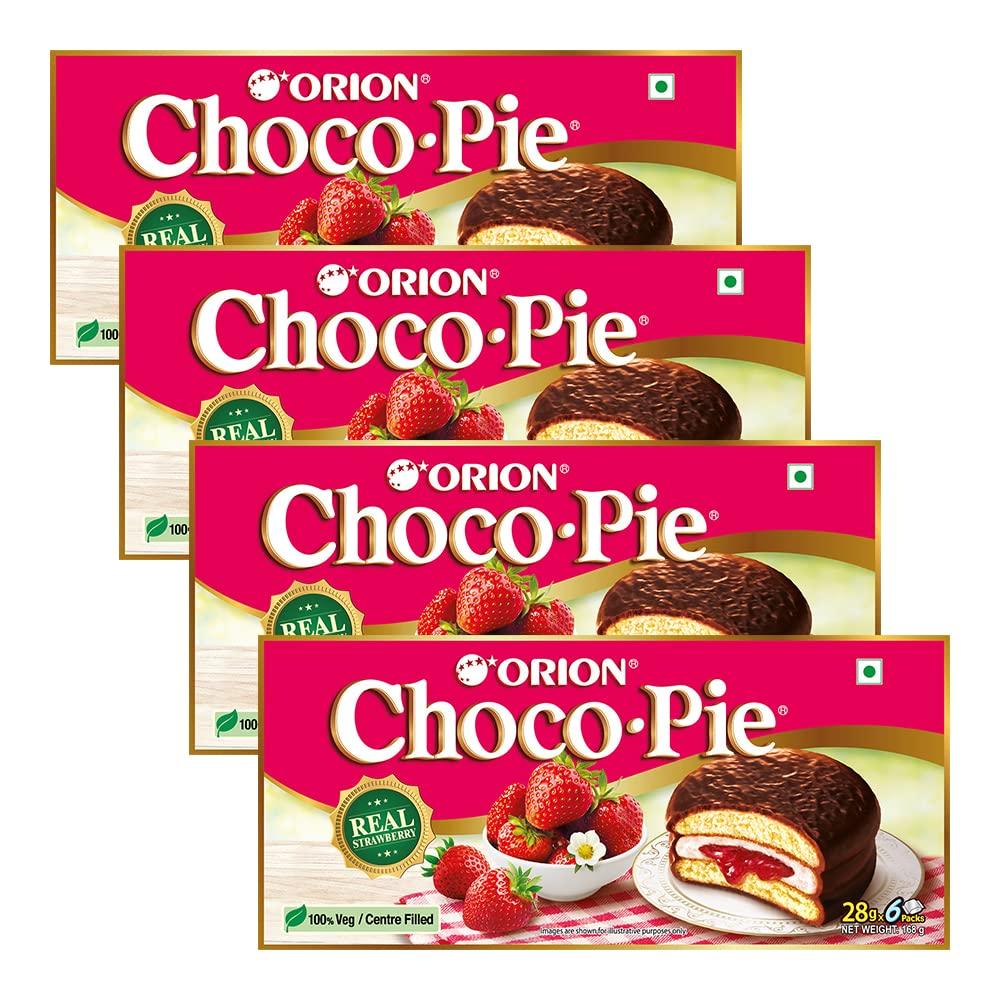 ORION ORION Strawberry Choco Pie - 4 x 6 Piece Pack (24 pies)| Centre-filled Chocolate biscuit & ORION Choco Pie Combo - Mango Choco Pie 12pcs x 2 (24 pies)| centre-filled chocolate biscuit