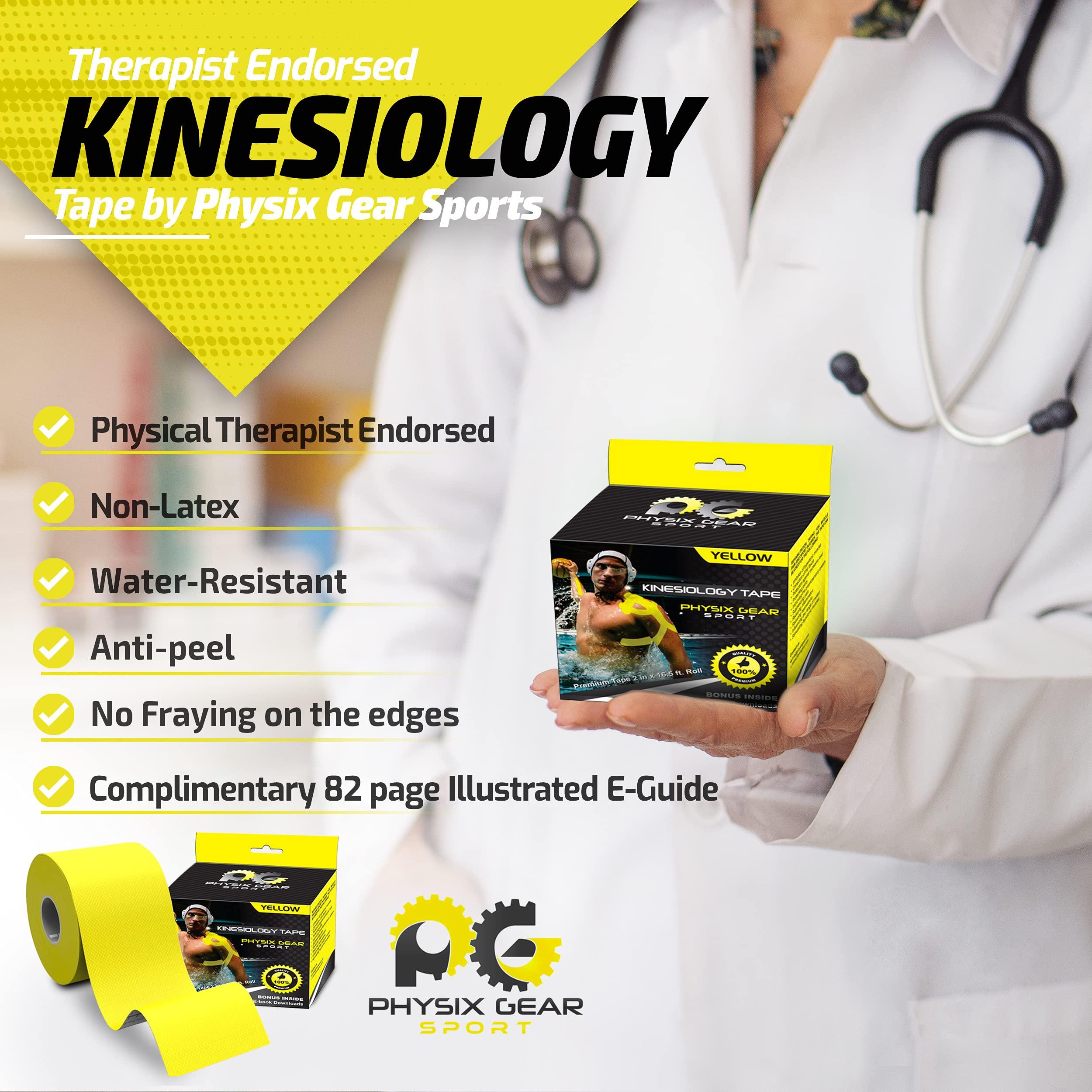 Physix Gear Sport Physix Gear Sport Kinesiology Tape - Free Illustrated E-Guide - 16ft Uncut Roll - Best Pain Relief Adhesive for Muscles, Shin Splints Knee & Shoulder - 24/7 Waterproof Therapeutic Aid (1PK YEL)