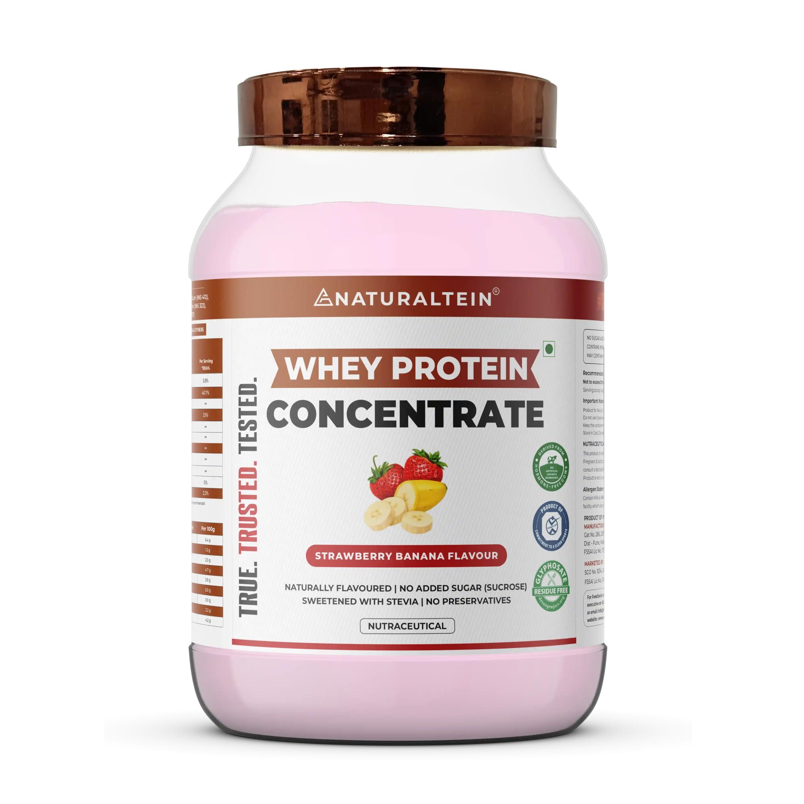 NATURALTEIN NATURALTEIN Natural Whey Protein Concentrate Strawberry Banana - 1 kg (Naturally flavored, Non GMO, No Artificial Sweeteners)