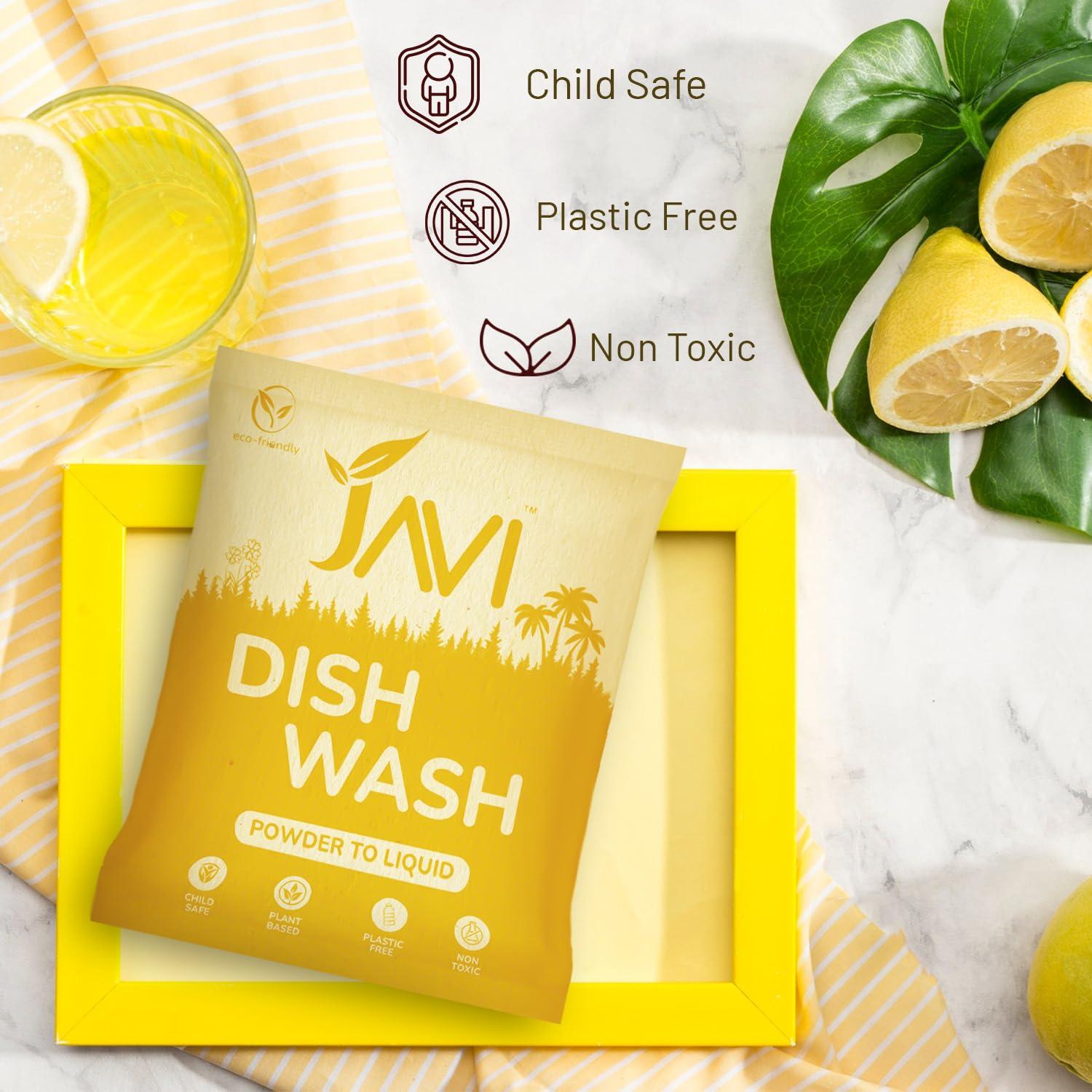 JAVI JAVI Dish Wash Powder to Liquid Refill Pack (10 Sachet = 5 Ltr) | Natural, Plant Based, Non Toxic & Eco-Friendly | Remove tough grease, soft on hands | Baby Safe & Pet safe | Crockery wash
