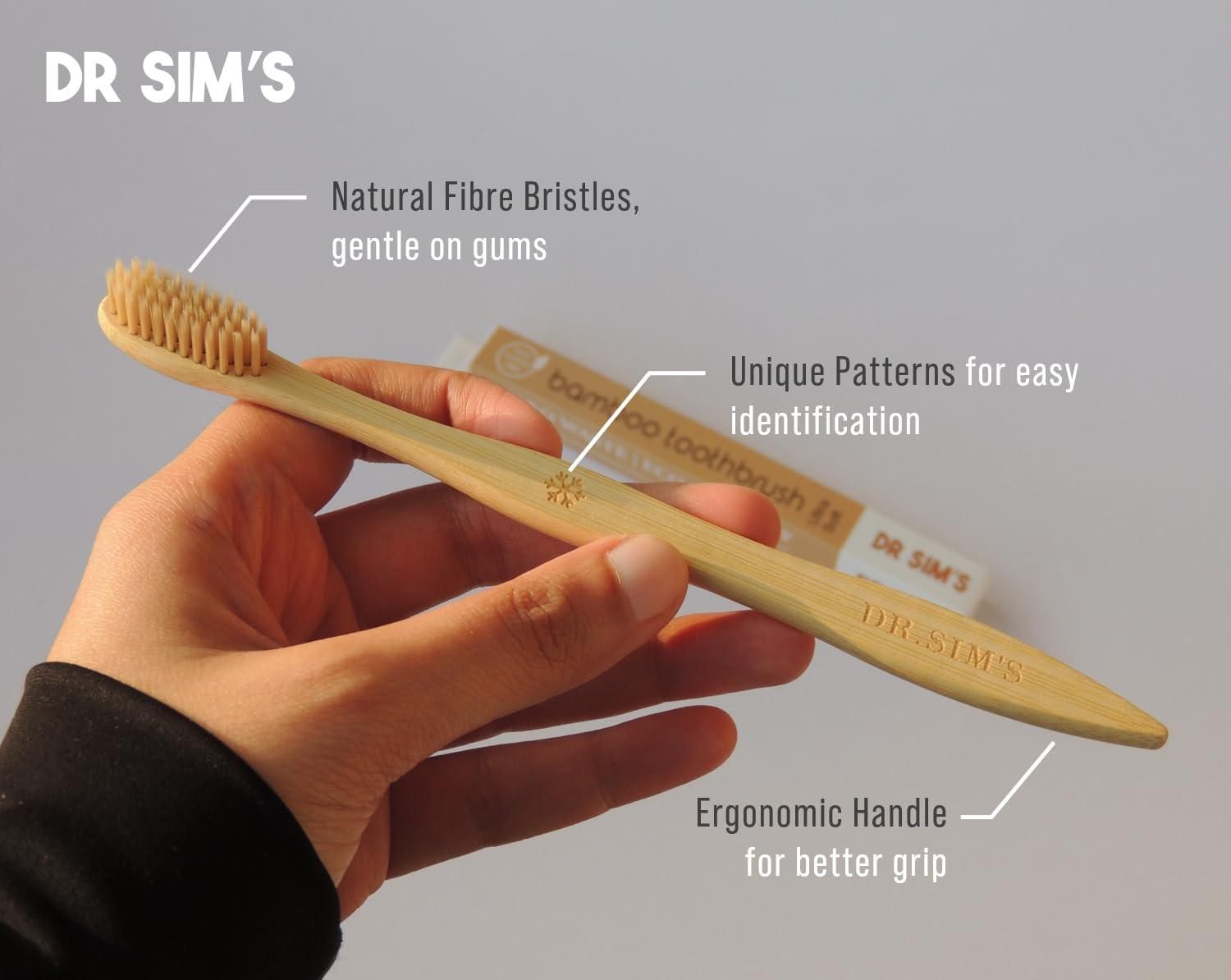 Dr Sim\'s Dr Sim\'s Bamboo Toothbrush | Pack of 4 | 1 Soft Charcoal Black & 1 Ultra-Soft Natural Fibre Beige Bristles for Adults and 2 Colorful Soft Bristles for Kids | Non-Toxic, Sustainable, Vegan, Anti-Microbial