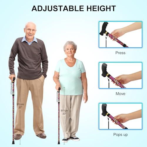 supregear supregear Folding Cane, Lightweight 5-Level Height Adjustable Walking Stick with Wrist Strap and T Handle Travel Cane for Elderly Disabled Men Women Balancing Mobility Aid Portable Cane, Floral Purple