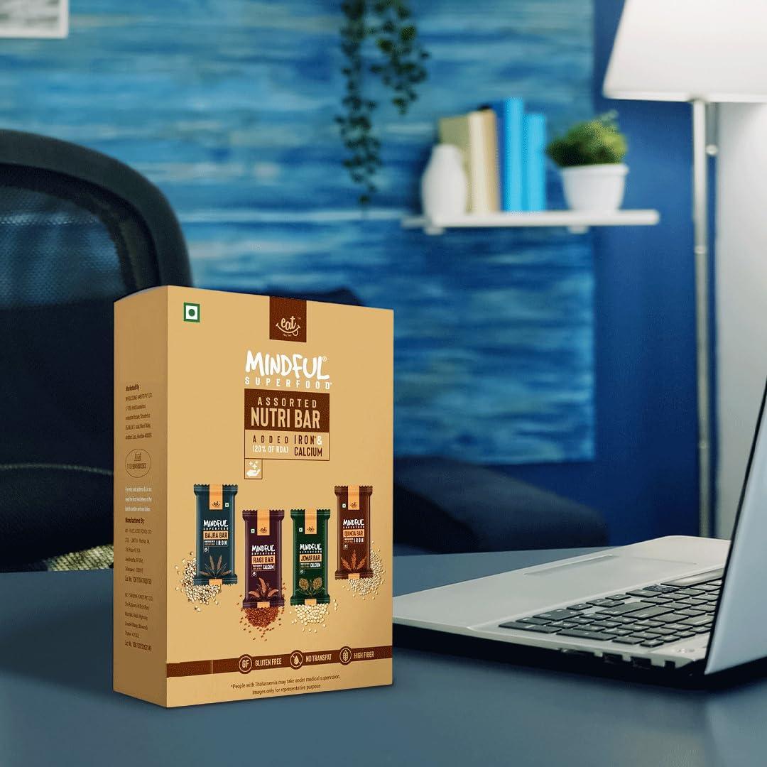 Mindful Eat Anytime Mindful Healthy Assorted Millet Energy Bar | Gluten Free & High Fiber | Energy Bar Sugar Free| Healthy Bar & Breakfast Protein Bar | Millet Bar/Energy Bar-300gm (12pcs of 25gm)