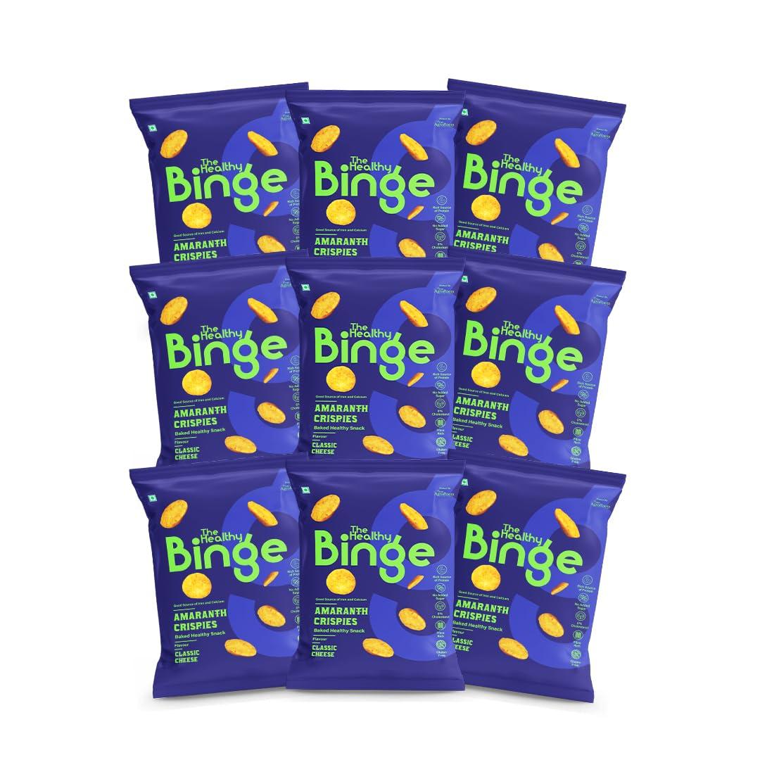 The Healthy Binge The Healthy Binge Amaranth Baked Chips Snacks for Adults and Kids| Healthy snacks for kids and adults | Classic Cheese Flavour | Protein | Gluten Free | 0% Cholesterol | Pack of 9 (40 Gm X 9)
