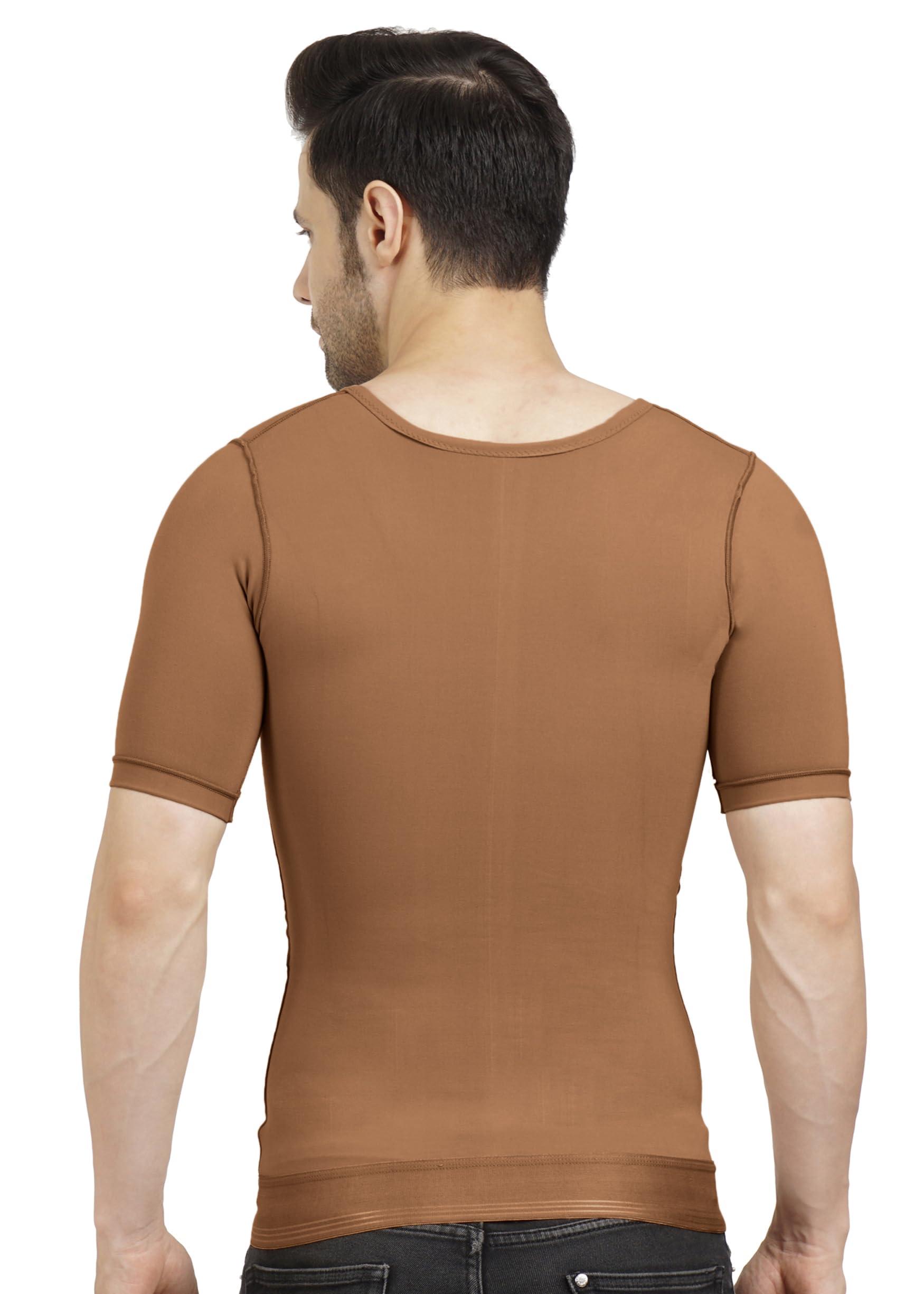 Dermapress Gynecomastia Compression Vest with Short Sleeve| HIGH Compression| Front Zip and Hook Closer| Tomboy Chest Binder| Chest, Abdomen & Back Support for Men| (Brown, M)