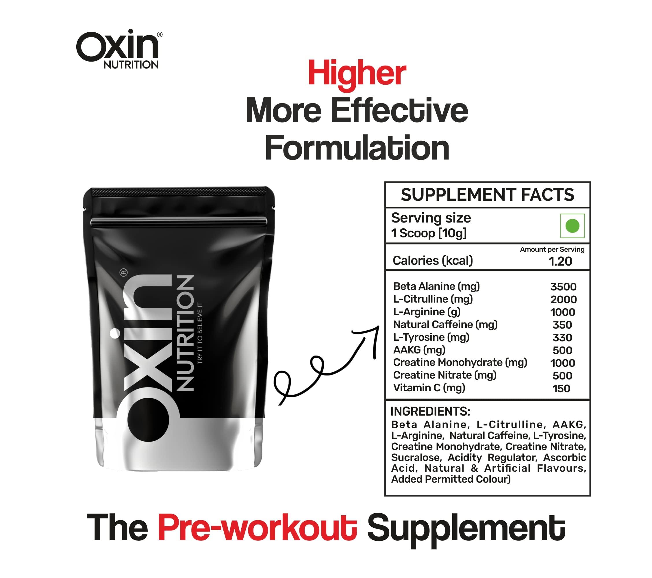Oxin Nutrition Oxin Nutrition Pre Workout 3X Caffeinated Punch with Vitamin C - Preworkout Drink - Zero Sugar - Pre Workout Natural - Preworkout Supplements Powder 250g (Tropical Orange)