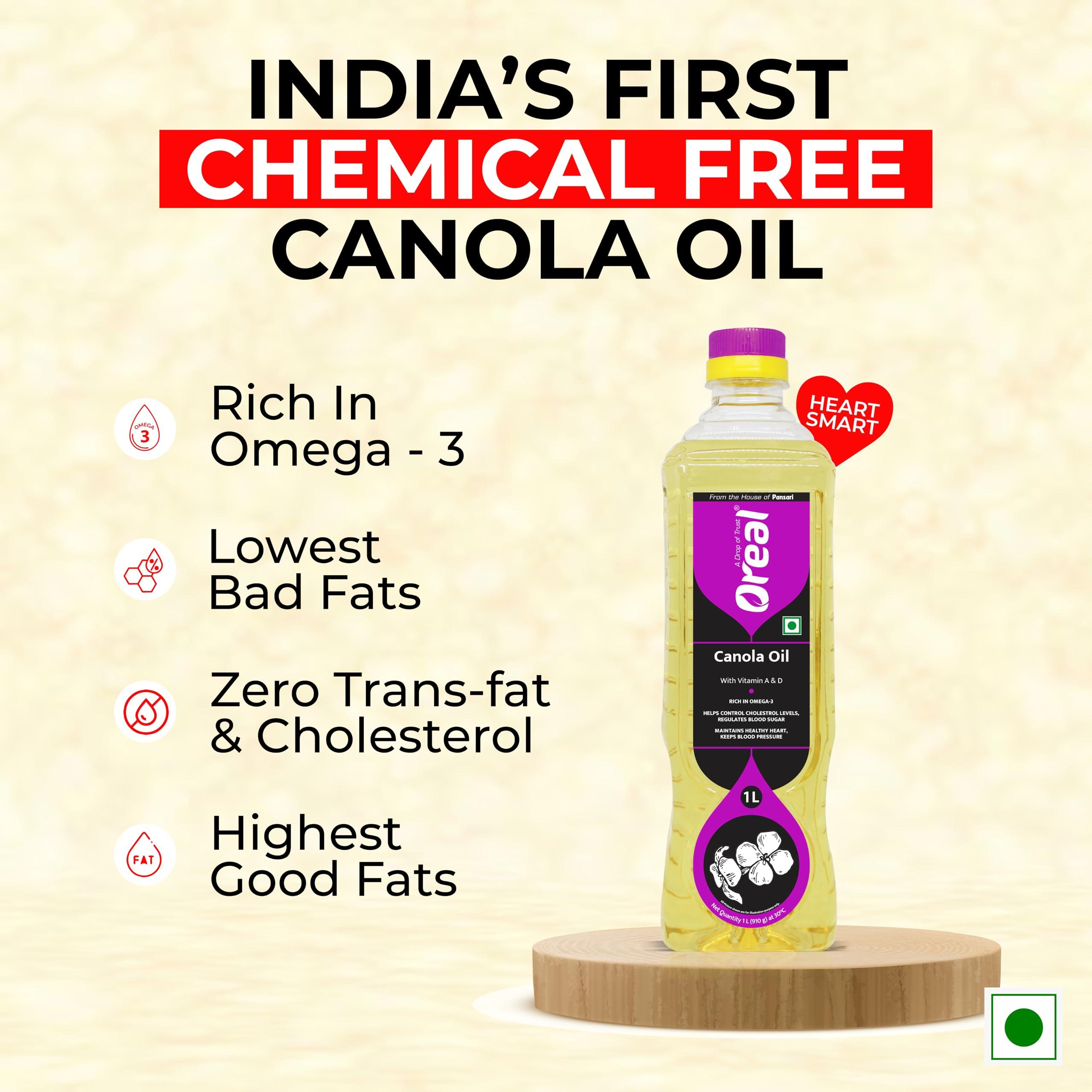 Oreal Oreal Premium Pure Canola Oil, 1 Litre for Cooking | Natural | Chemical-Free | Healthiest Cooking Oil | Rich in Omega-3 and Omega-6 | Improve in Metabolisms & Keeps Active | Preservative Free Suitable for all Ages