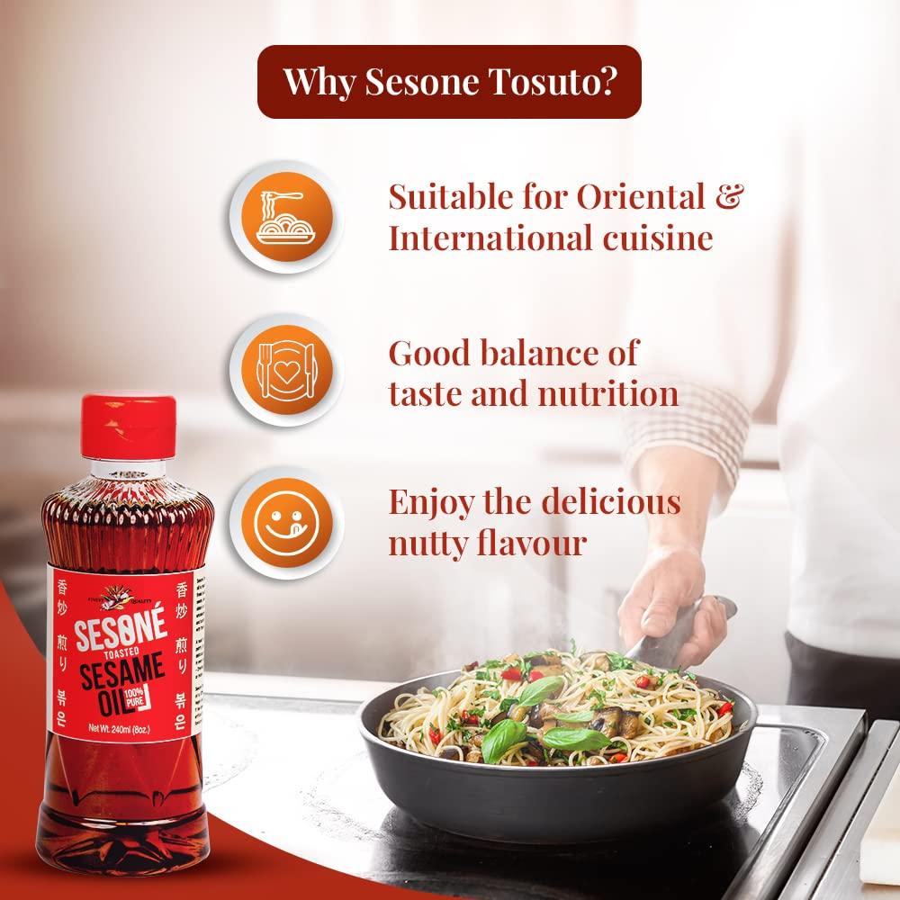 Sesoné Sesone Tosuto Premium Toasted Sesame Oil | 240ml Bottle | 100% Natural Sesame Oil for Oriental Cooking | No Additives & No Artificial Colours | Nutty Flavor, Drizzle on Soups, for Sauting and Salad Dressing